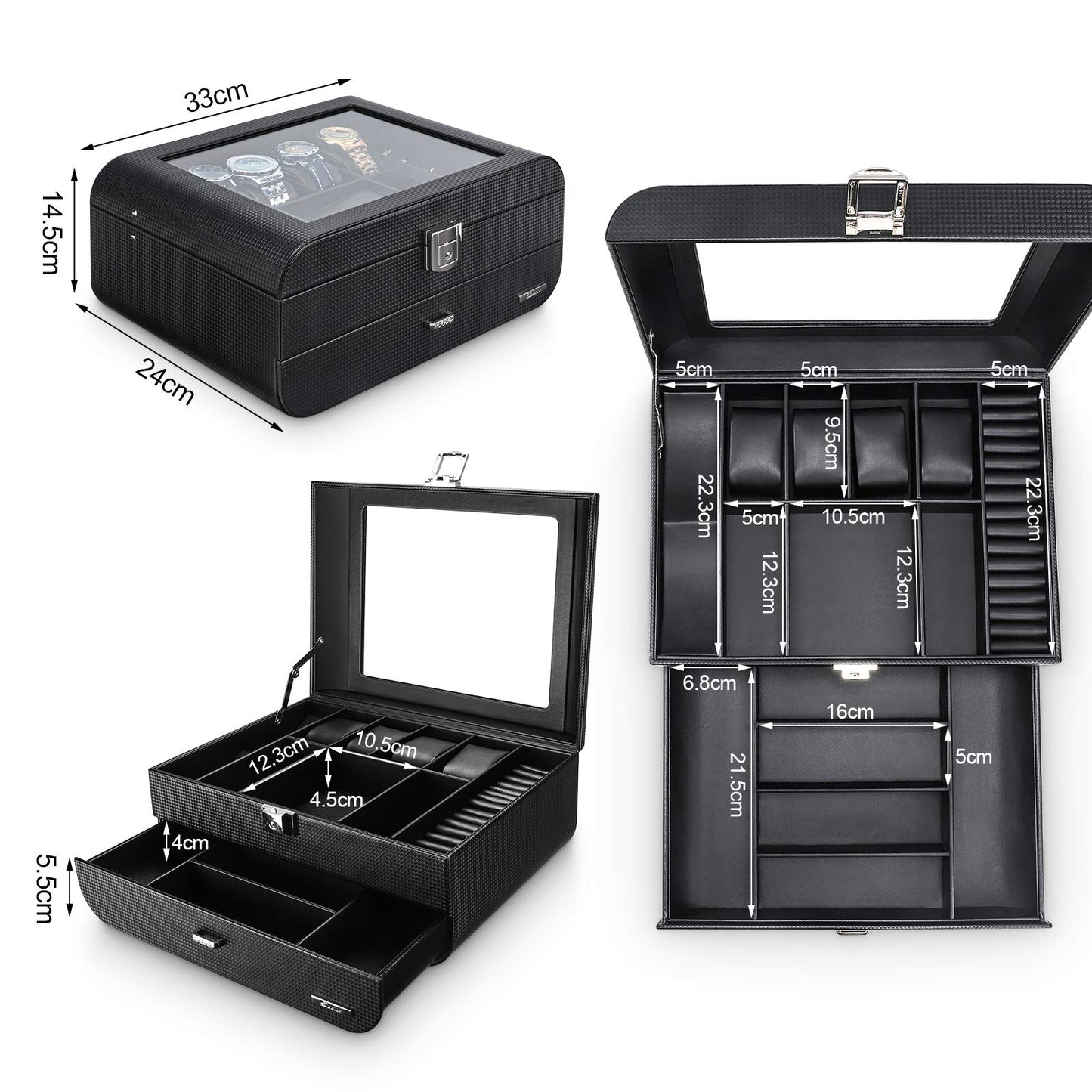 Seelux watch box for men with glass lid, lockable jewelry case for watches, rings, brooches, glasses. Gift for men, husband, boyfriend. Black.