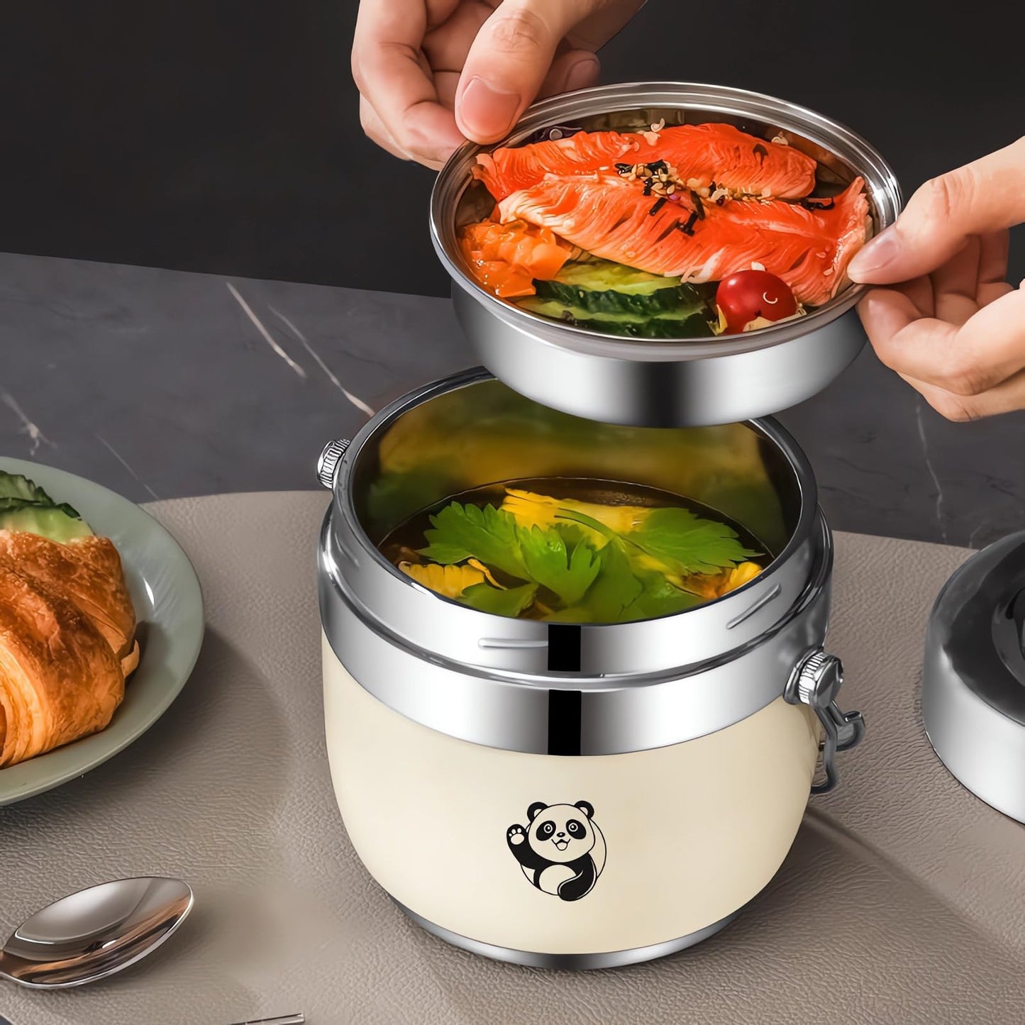 LANMOU 1300ml food thermos, stainless steel, thermal lunchbox for kids and adults, leakproof, includes spoon and carrying bag, keeps food hot for 6h / cold for 12h.