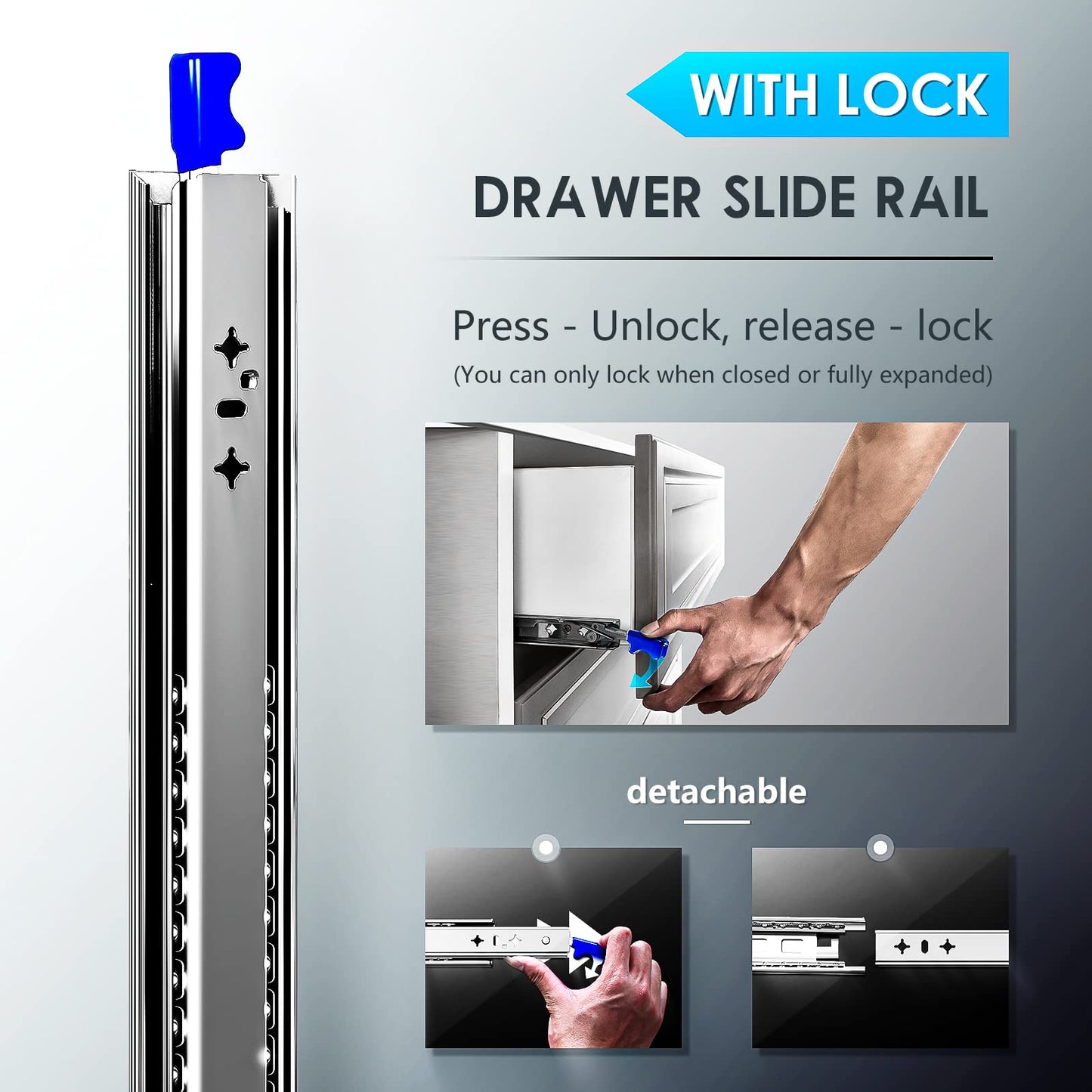 AOLISHENG drawer slide full extension 800 mm, Heavy-duty drawer guides with lock 80 kg load capacity, 1 pair (2 pieces) (With lock, 32 inch (800mm))