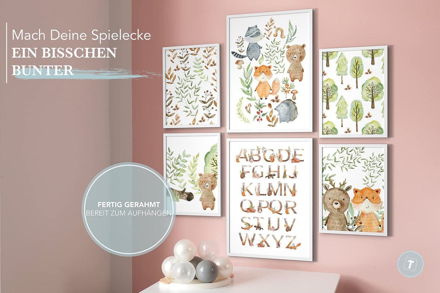 Papierschmiede® Kids Room Pictures Kids Mood Poster Set, Scout Animals, Framed pictures for children's room in white wooden frames, 2x DIN A3 and 4x DIN A4, Forest Alphabet Fox