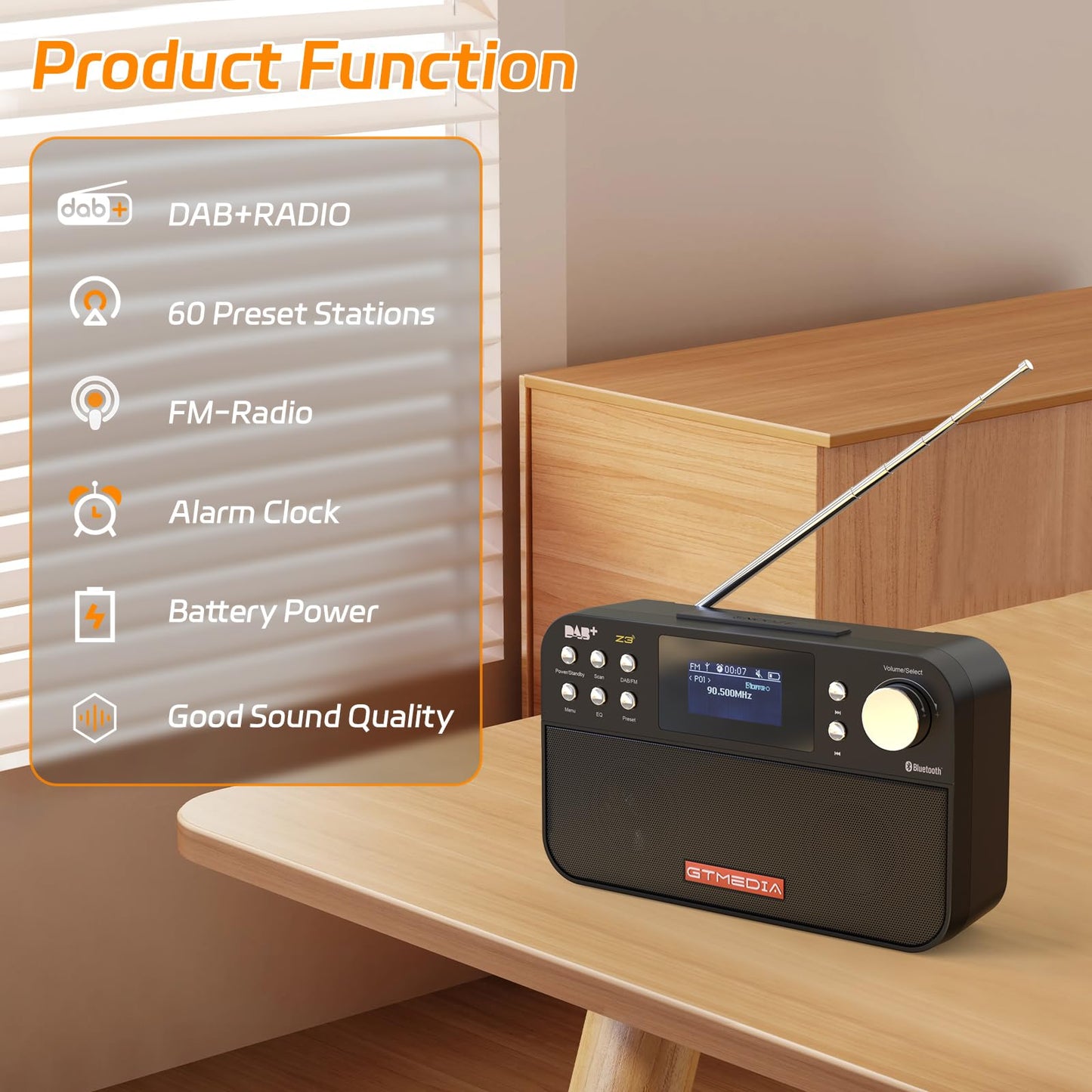 Radio with DAB+/FM, DAB Plus digital radio, portable small kitchen radio with sleep timer, 60 presets, 2.4" large LCD display, suitable for kitchen and travel (Black)