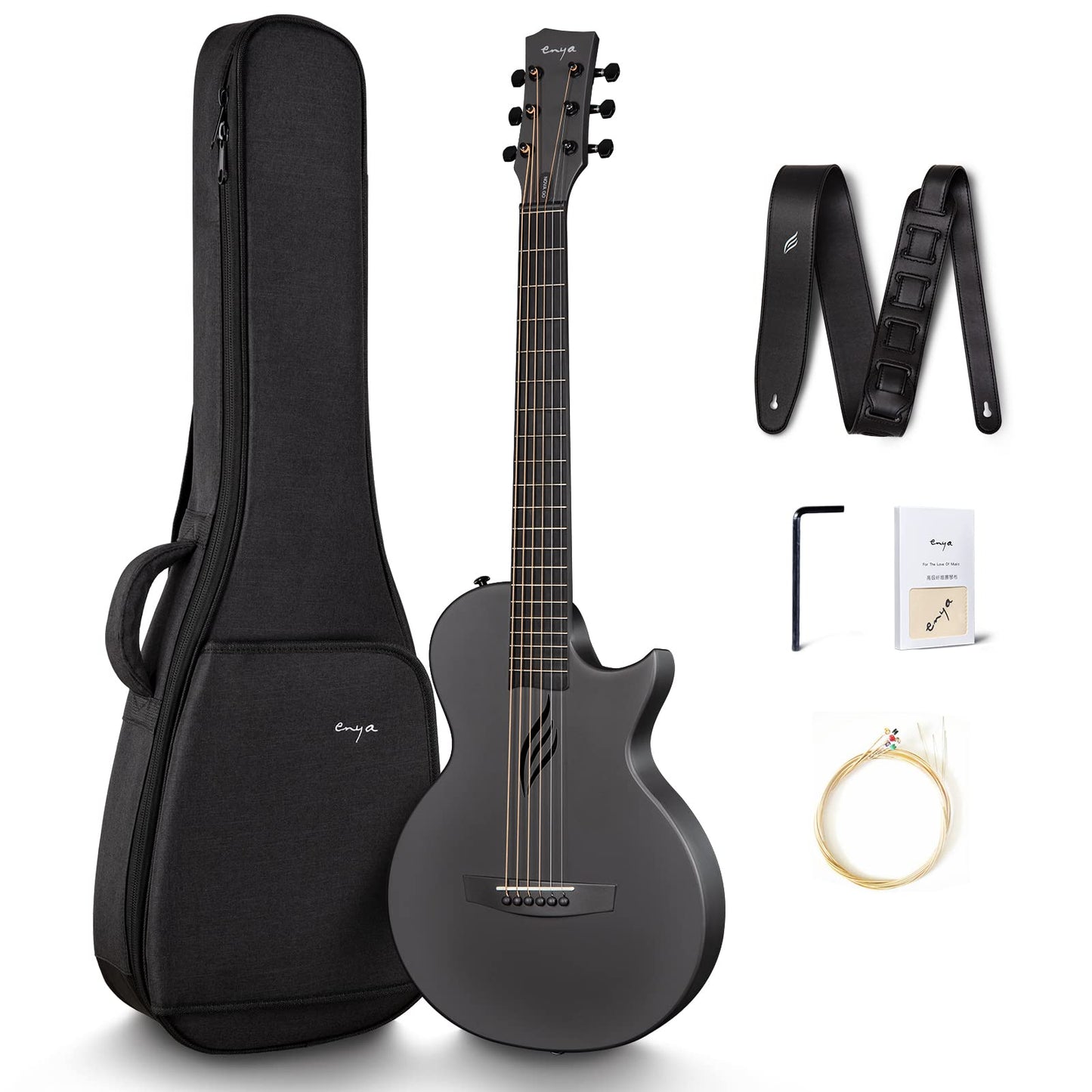 Enya Nova Go carbon fiber acoustic guitar, 1/2 size, beginner guitar for adults, travel, acoustic, with gift box, EVA gig bag, guitar strap, cleaning cloth (Black)