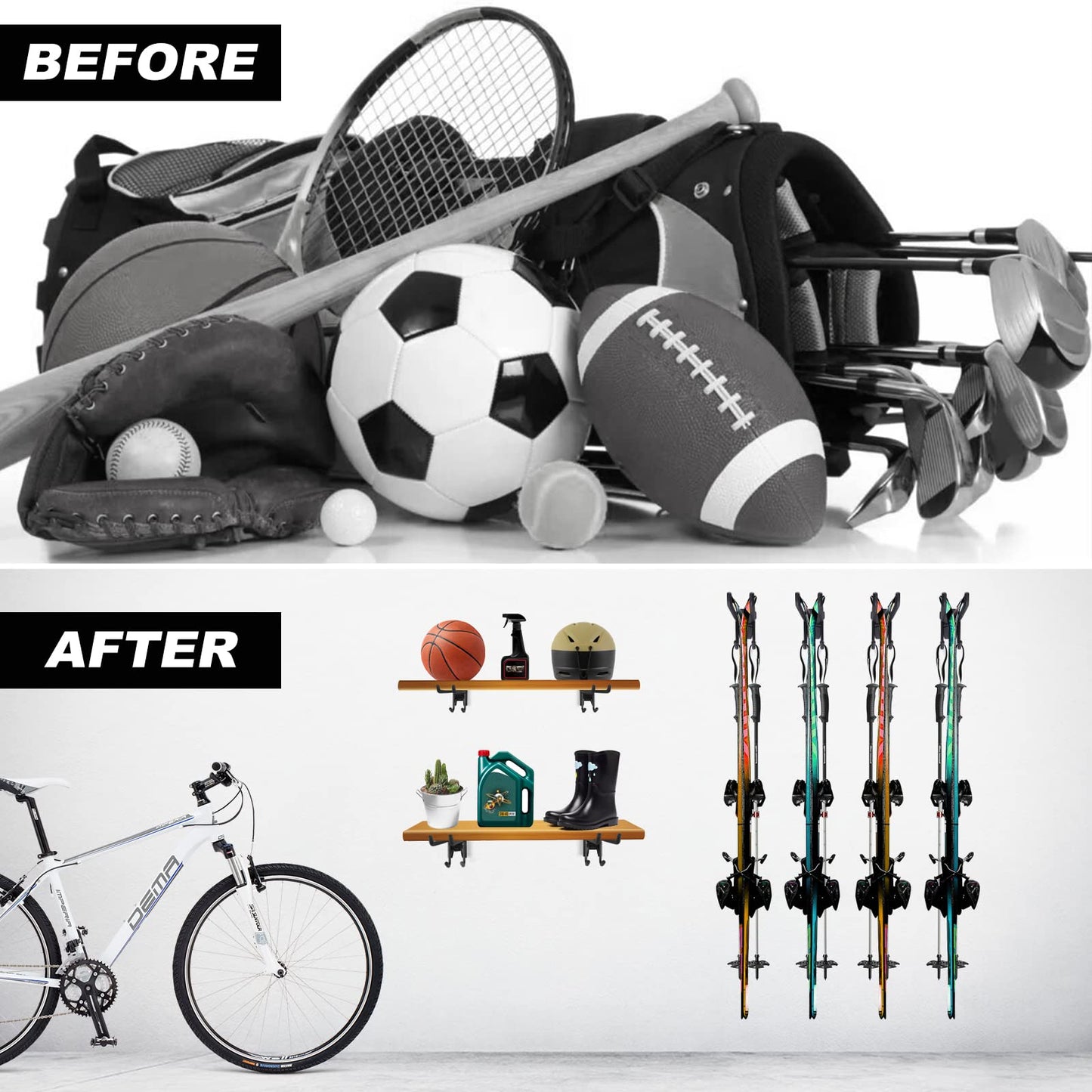 Odoland ski holder wall mount rack with 4 ski strap holders 2 pairs snowboard rack wall mount home and garage heavy duty storage hanger.