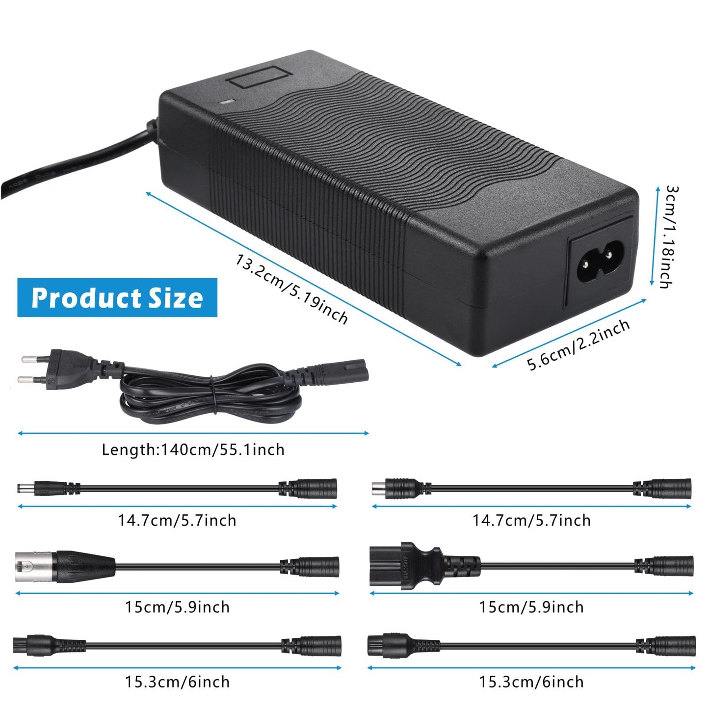 JIZZU Charger for Scooter, E Scooter Charger, 36 Volt 42V 2A AC Power Supply Bike, Hoverboard Charging Cable with 6 Connectors, Hoverboard Battery Electric Scooter Charger for Electric Scooter.