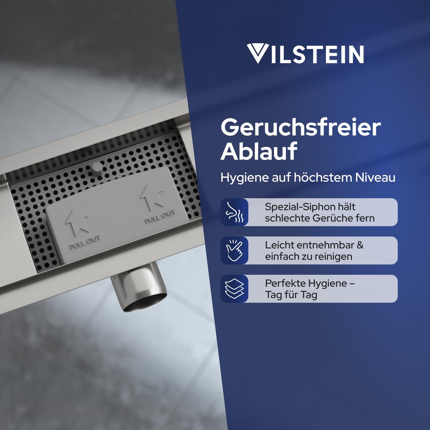 VILSTEIN Shower Drain 70cm, Stainless Steel Floor Drain Complete Set, extra flat, siphon with odor trap, hair sieve - Circles