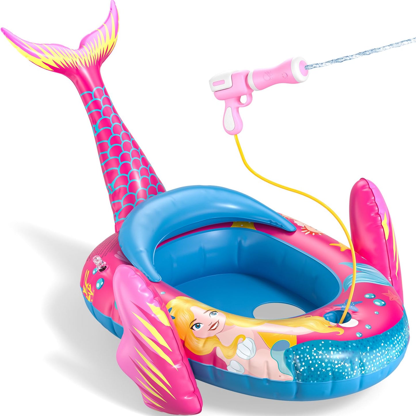 Sunrad kids swimming ring with water gun, inflatable mermaid swim ring, kids inflatable boat swim ring, swim aid kids swim seat for toddlers aged 3-10 years.