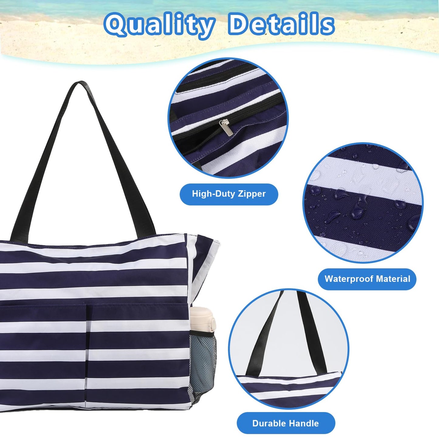 TAHAVICE zipper beach bag for women, large beach bag xxl for family, waterproof ladies' beach bag, beach bag tote for beach trips pool gym.