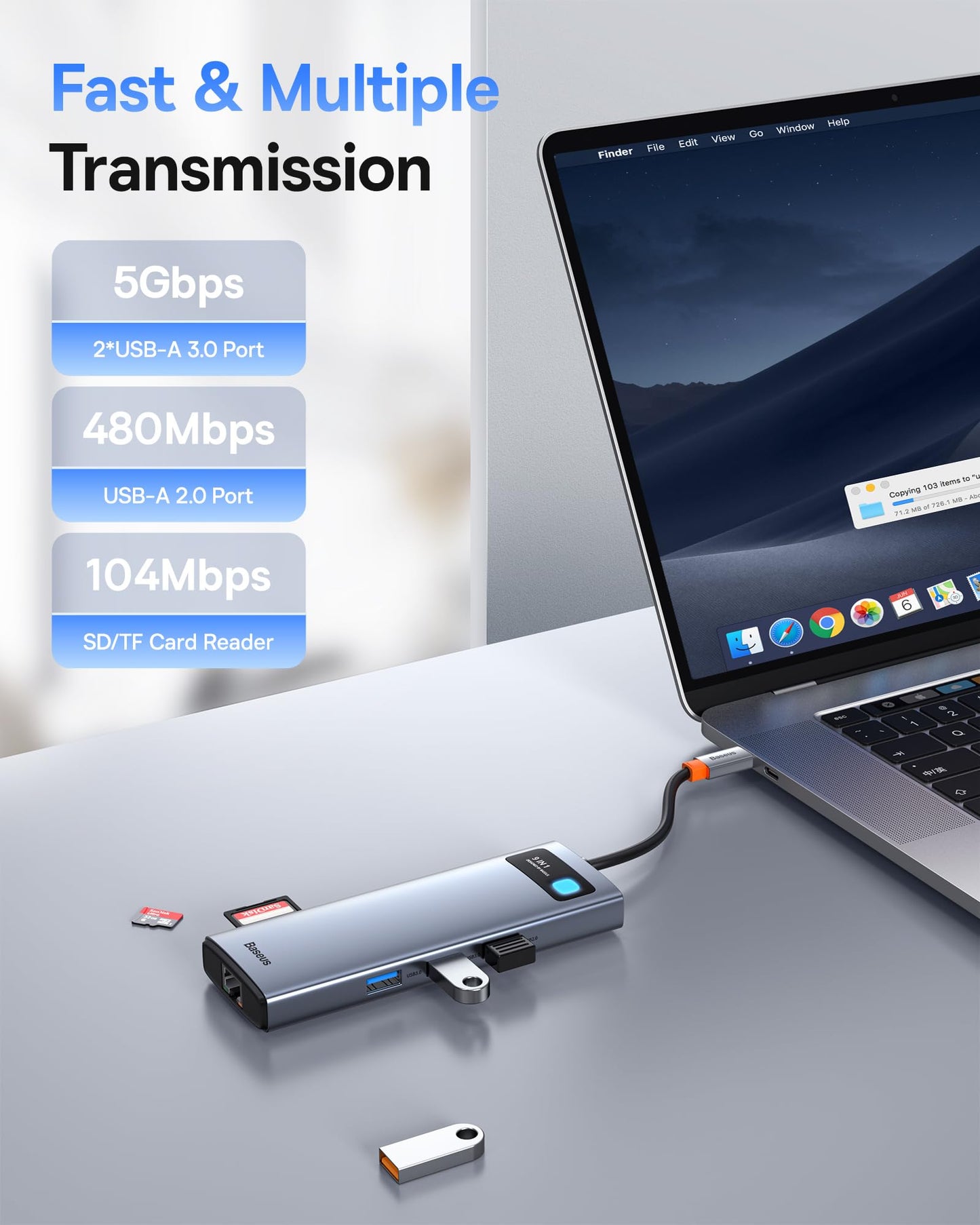 Baseus 9 in 1 Docking Station features USB C 4K@120Hz, dual HDMI monitors, 1000Mbps Ethernet, 100W PD, TF/SD card reader, USB 3.0, and multiport adapter for MacBook, Dell, HP, Surface, Lenovo, and other PCs.