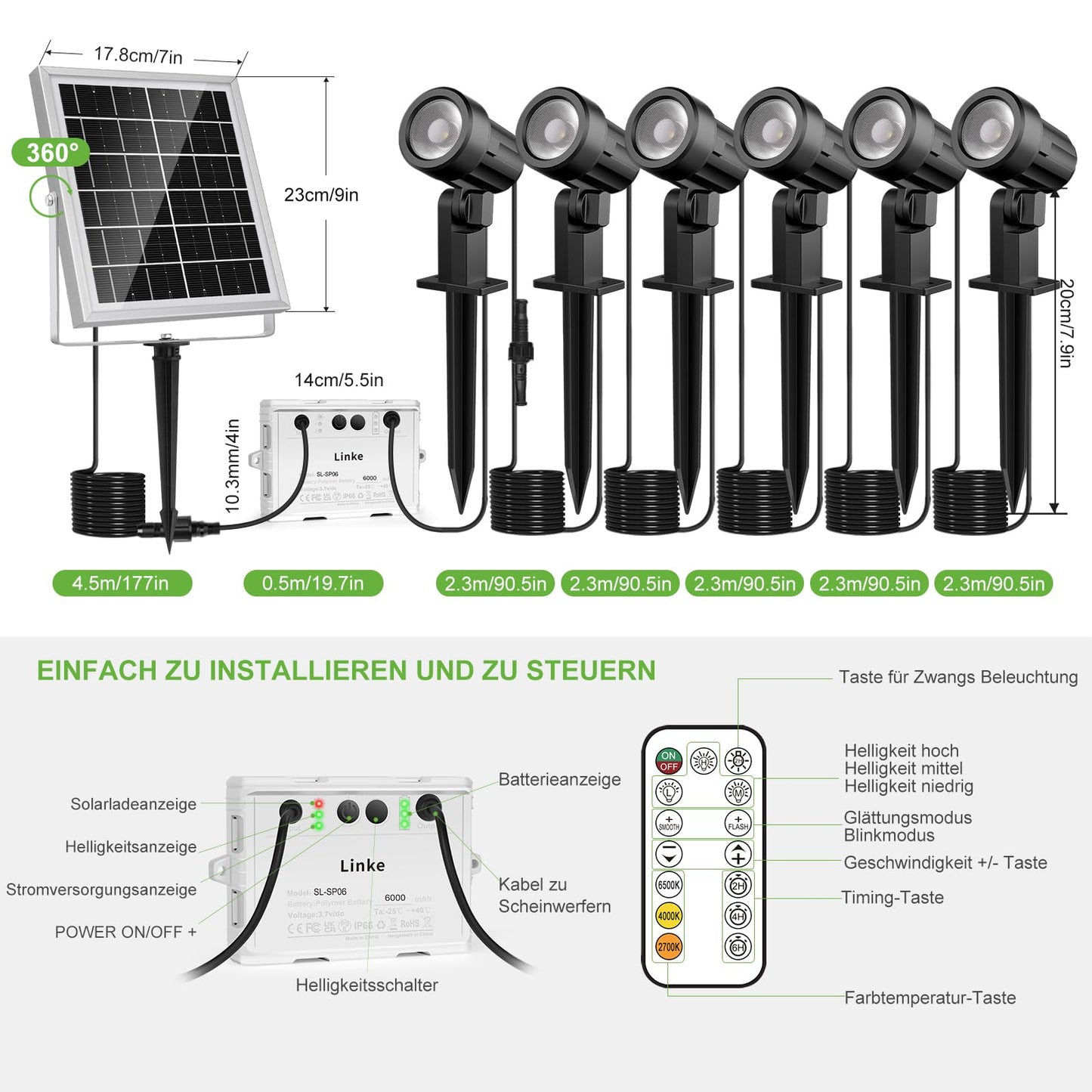 Left outdoor solar spotlights 6 pack with remote control, IP66 waterproof, dimmable with timing function and memory storage. Comes with ground spike for garden bushes and trees.