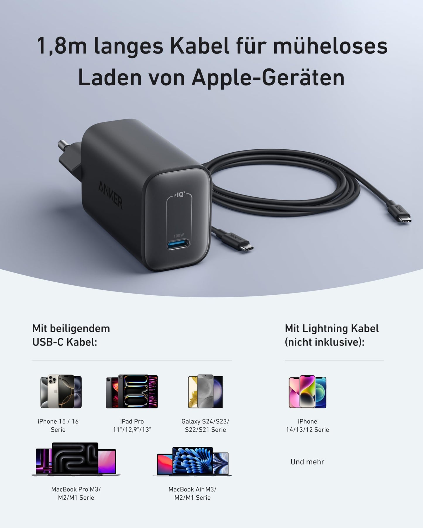 Anchor Nano Charger, 100W MacBook Charger, Power Adapter for MacBook, iPad, iPhone 16, Galaxy, and all USB-C devices, 1.8m USB-C cable included.