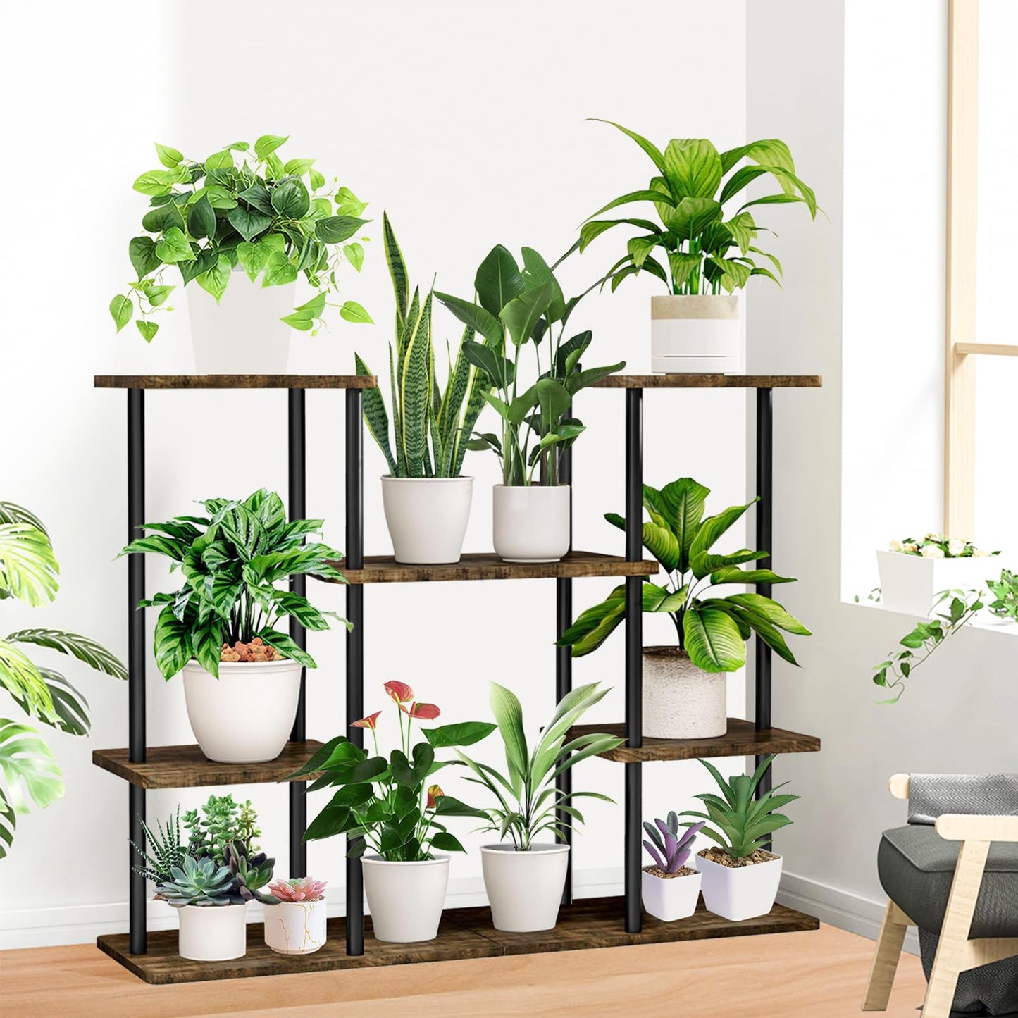 YOCOMEY Wooden Flower Shelf Plant Stand, Multi-Tier Flower Stand Plant Stand Flower Step Plant Step Standing Shelf for Indoor Garden Balcony Decoration (4 Tier 10 Pots, Black), (US-YO20230722-011)