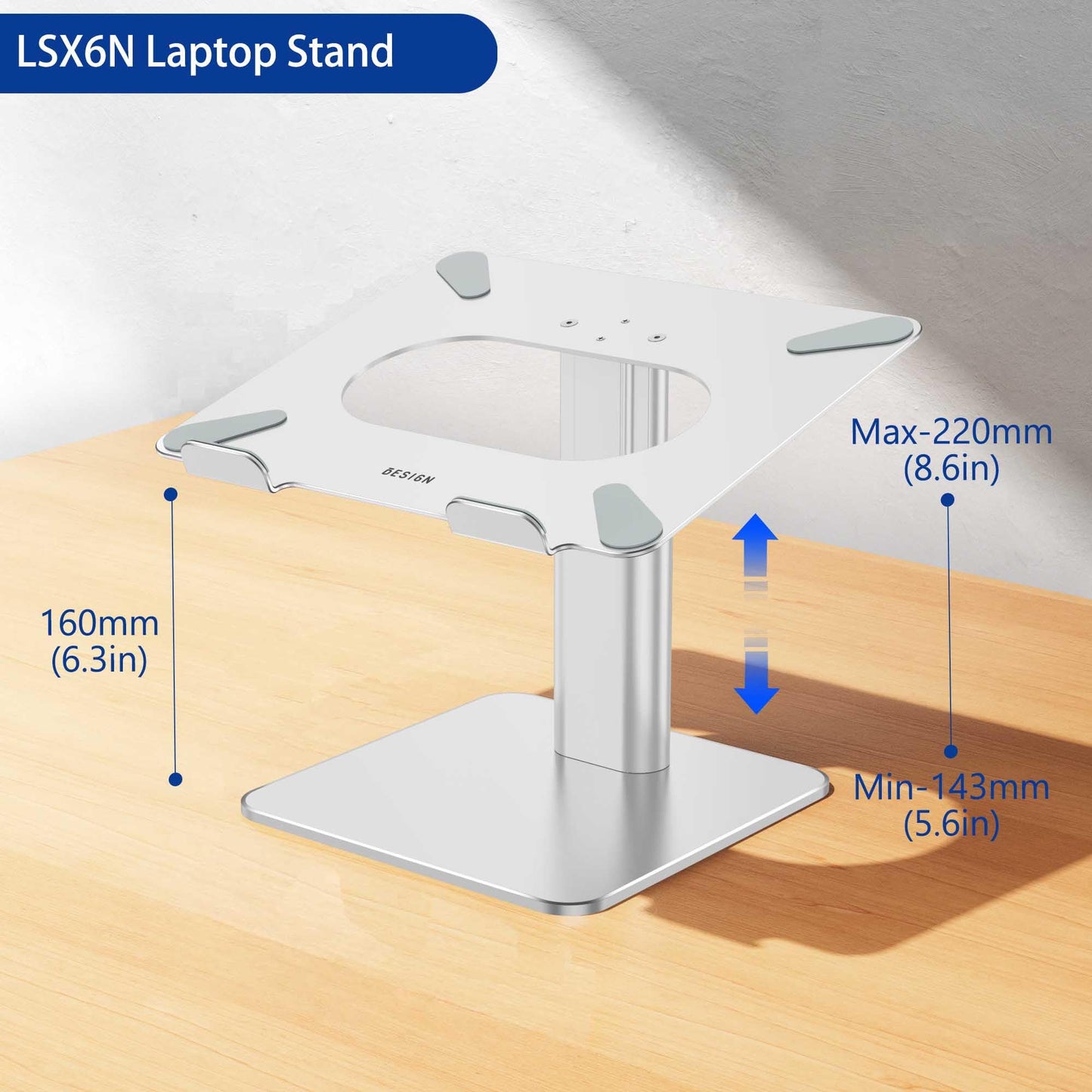 BESIGN LSX6N Laptop Stand, Adjustable Ergonomic Notebook Stand, Laptop Stand Compatible with 10-15.6" Laptops, Silver