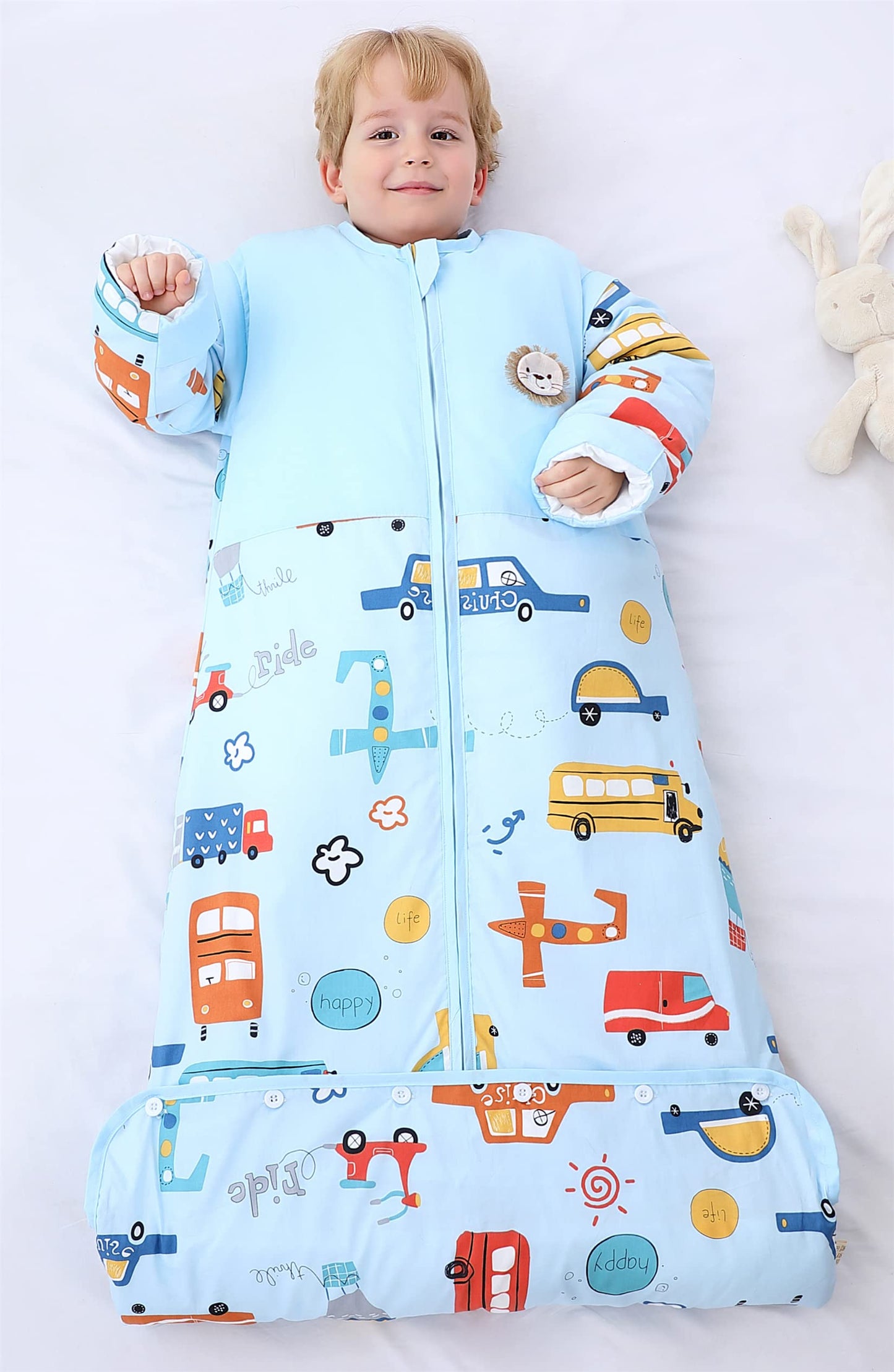 Chilsuessy Winter 2.5 Tog Kids Sleeping Bag with Removable Sleeves Organic Baby Sleeping Bag All Season Sleeping Bag for Boys and Girls 1-10 years old, 2.5 Tog/Colorful Bus, M (70-100 cm)