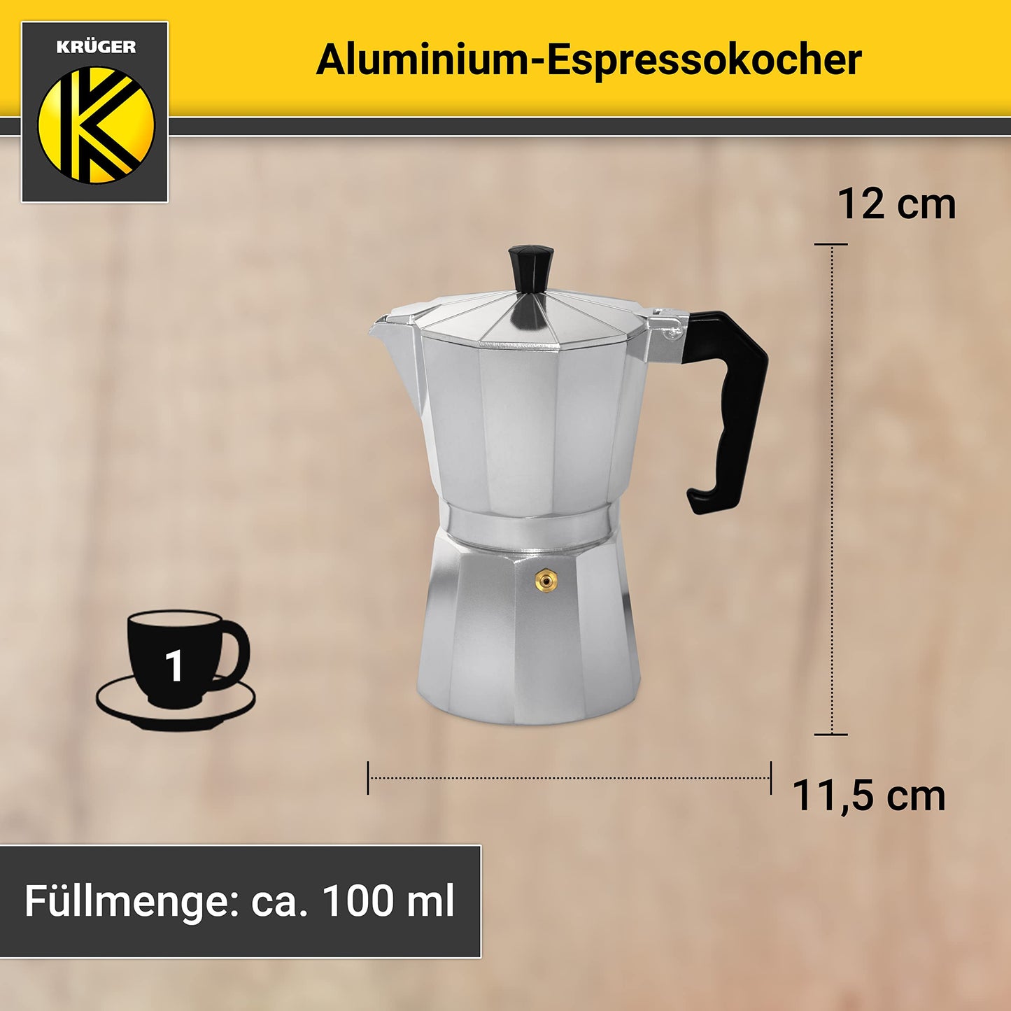 KRÜGER aluminum espresso maker with silicone seal for 1 cup - fast and easy espresso preparation - safety valve prevents overflowing - convenient handle (silver)