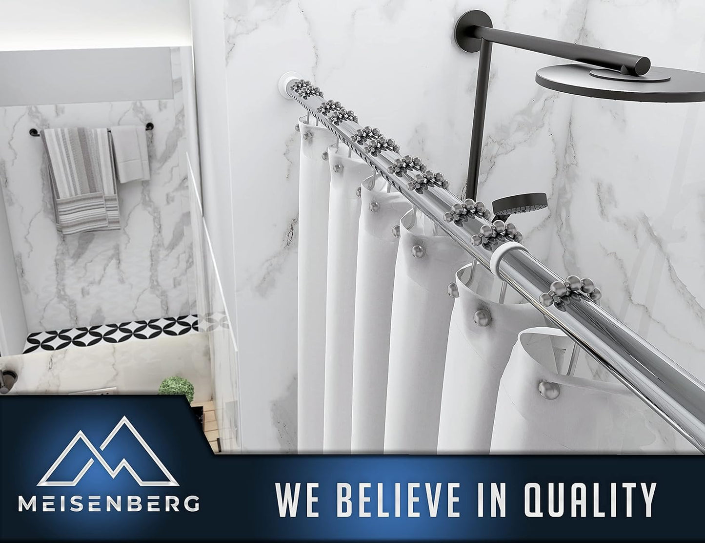 MEISENBERG Shower Curtain Rod without drilling 160-210cm, Silver, Γ 32 mm, Telescopic Curtain Rod Clamps - Curtain Rod for showers, doorways, and wardrobes.