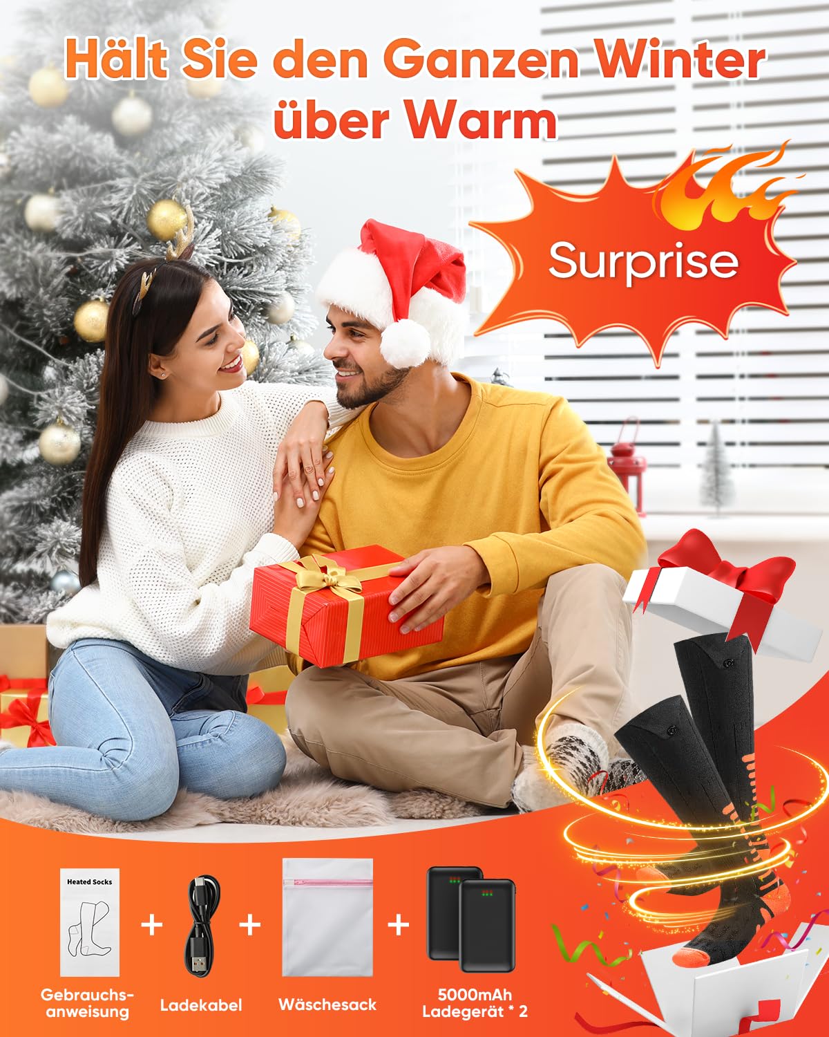 2025 Upgraded Heated Socks, Rechargeable Heated Socks with 5000mAh 5V Battery, 3 Heat Settings & 360° Heating Heated Socks, Washable Heated Socks for Women Men for Skiing Hunting Hiking