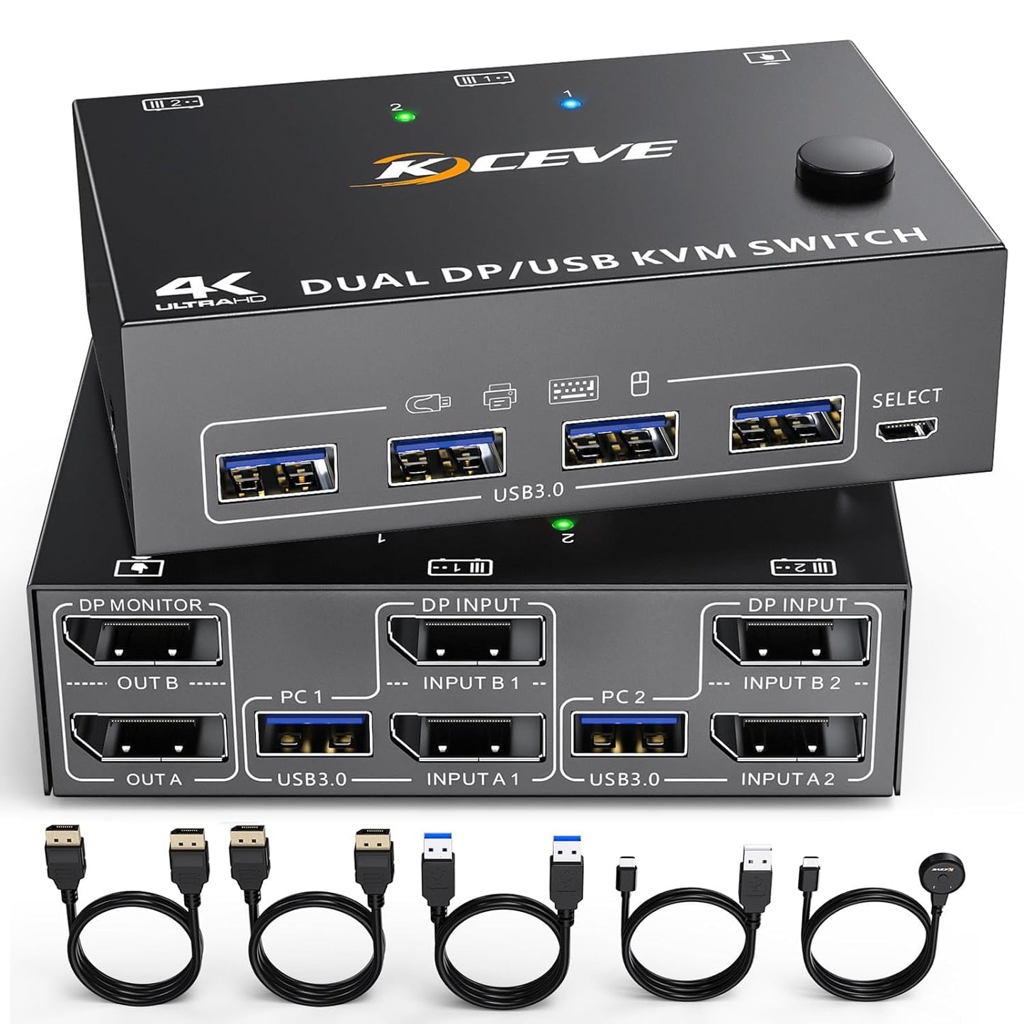 DP KVM Switch supports 2 computers and 2 monitors, allowing them to share keyboard, mouse, and monitor with USB 3.0 and DisplayPort connections. Supports 4K@60Hz resolution.