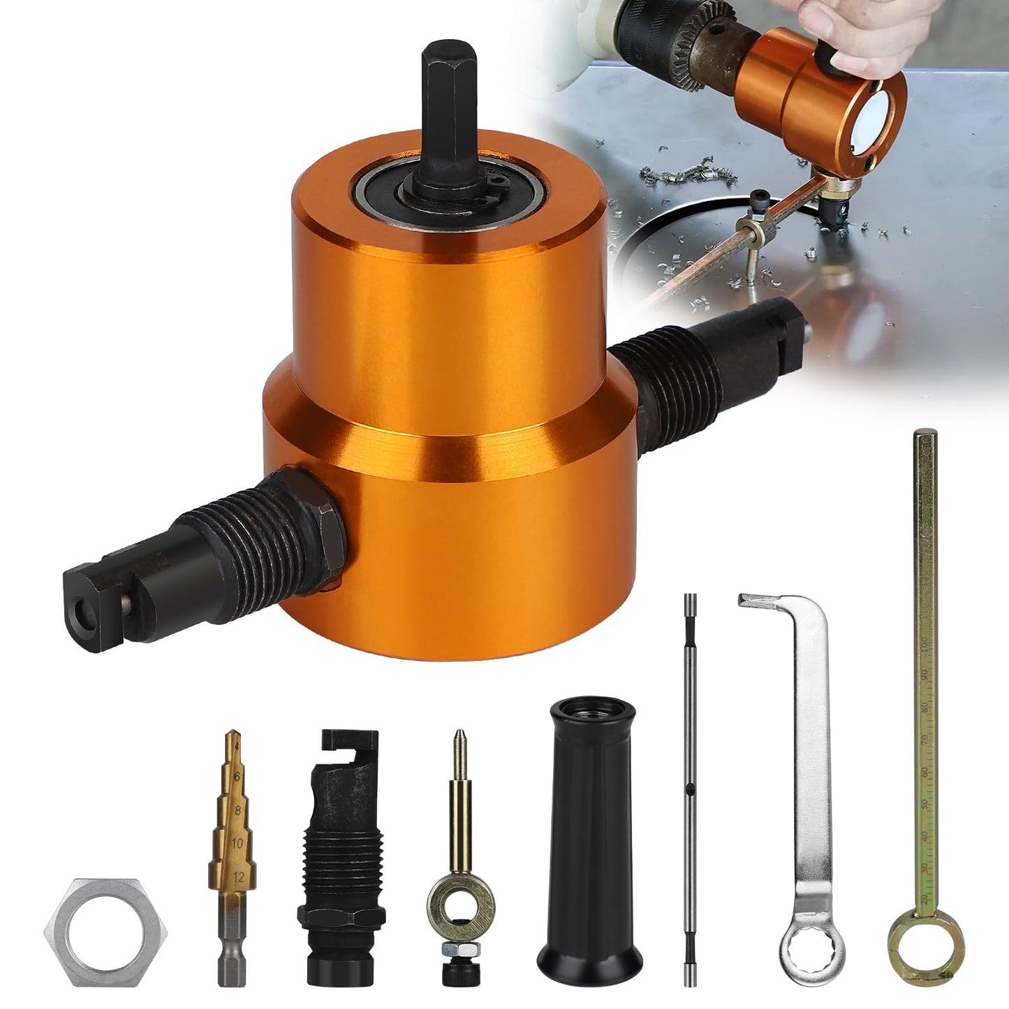 CPROSP Double Head Sheet Metal Nibbler, Metal Cutter for Cordless Drill, Metal Snip Adjustable, Nibbler Cutting Tool with Round Cut Attachment, Gold