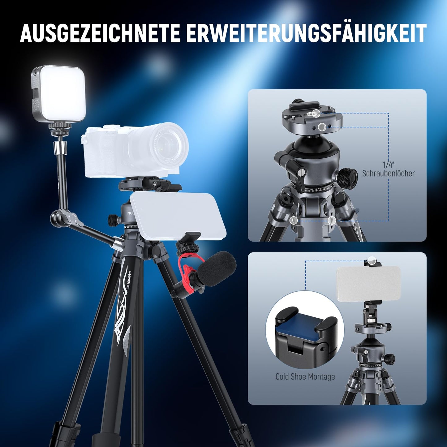 NEEWER LITETRIP LT07 61" Aluminum Travel Tripod, Camera Tripod with Pan Tilt Low Profile Ball Head Arca QR Plate compatible with Peak Design Tripod Plate V3, 2 in 1 Phone Clip Handle Max Load 22lb