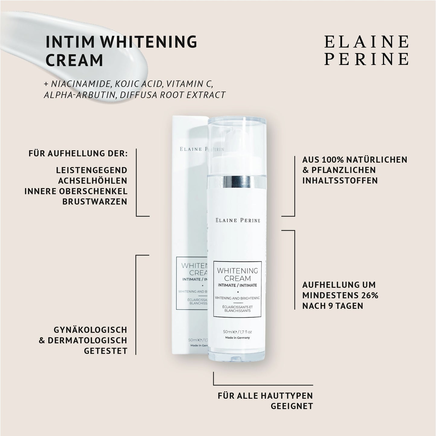 Intimate bleaching cream - Natural vegan whitening cream for intimate areas (50ml) with Alpha-Arbutin, Kojic Acid, Niacinamide, by Elaine Perineβ’ | π πππ ππ‘ πππ₯π ππ‘π¬ A