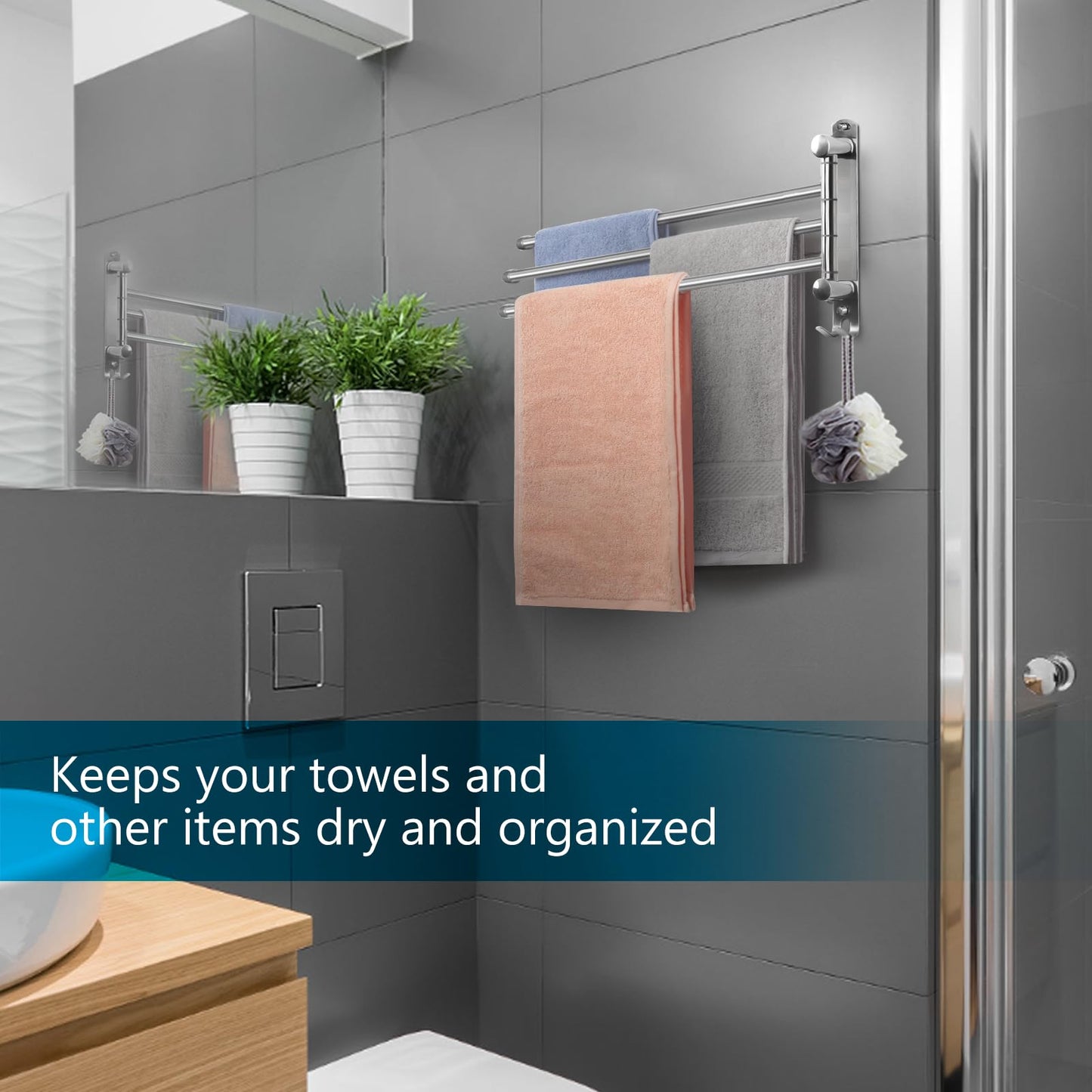 JSVER Stainless Steel Towel Rack 40CM, Towel Holder 180° Rotation with 3-Arm Swivel Arm Towel Bar with Hooks Space-saving for Bathroom, Kitchen, and Wardrobe - Silver.