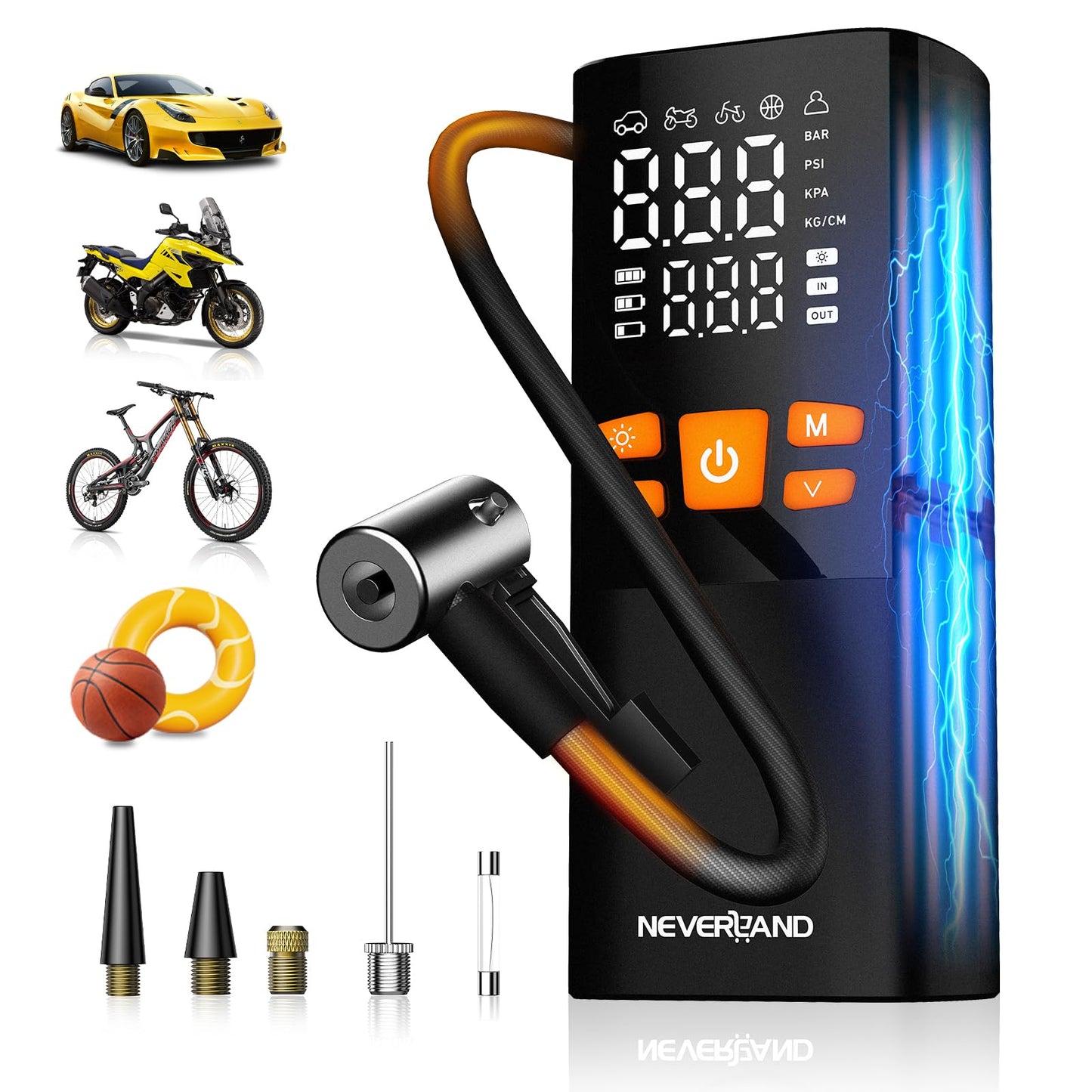 NEVERLAND Electric Air Pump - 150 PSI 16000mAh Portable Mini Air Pump for Car, Motorcycle, Bicycle & Balls, with Gauge, LED Flashlight, Powerbank Function.