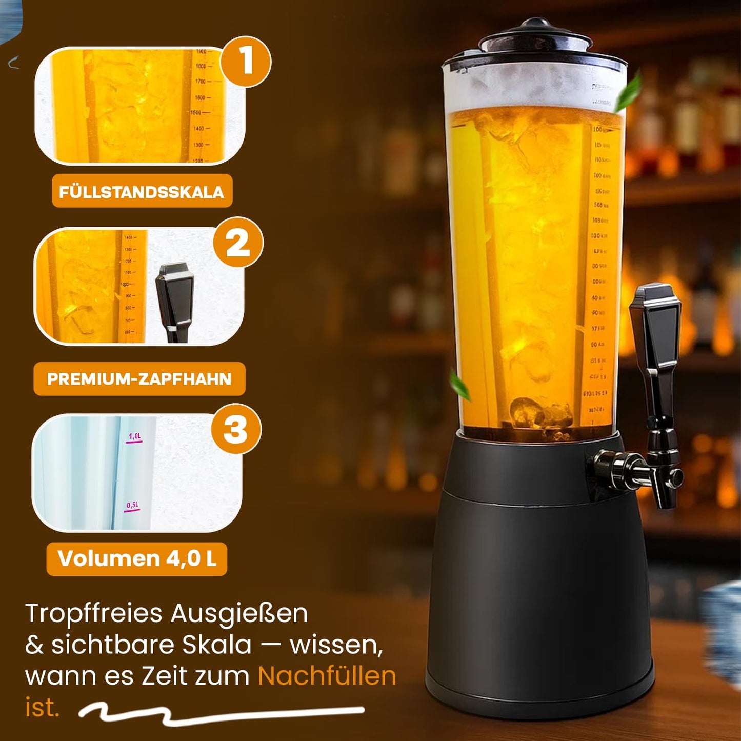 4.0L beer column tap tower cult beer tower drink column beverage dispenser beverage column with 1.3L ice cooling (black)