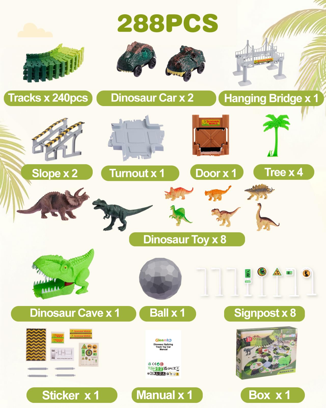 Gleamkid Dinosaur Toys Car Racing Track, Flexible Car Racing Track Railway Playset, Dino Cars Toy, Racing Track Set with many parts, Gift for Kids