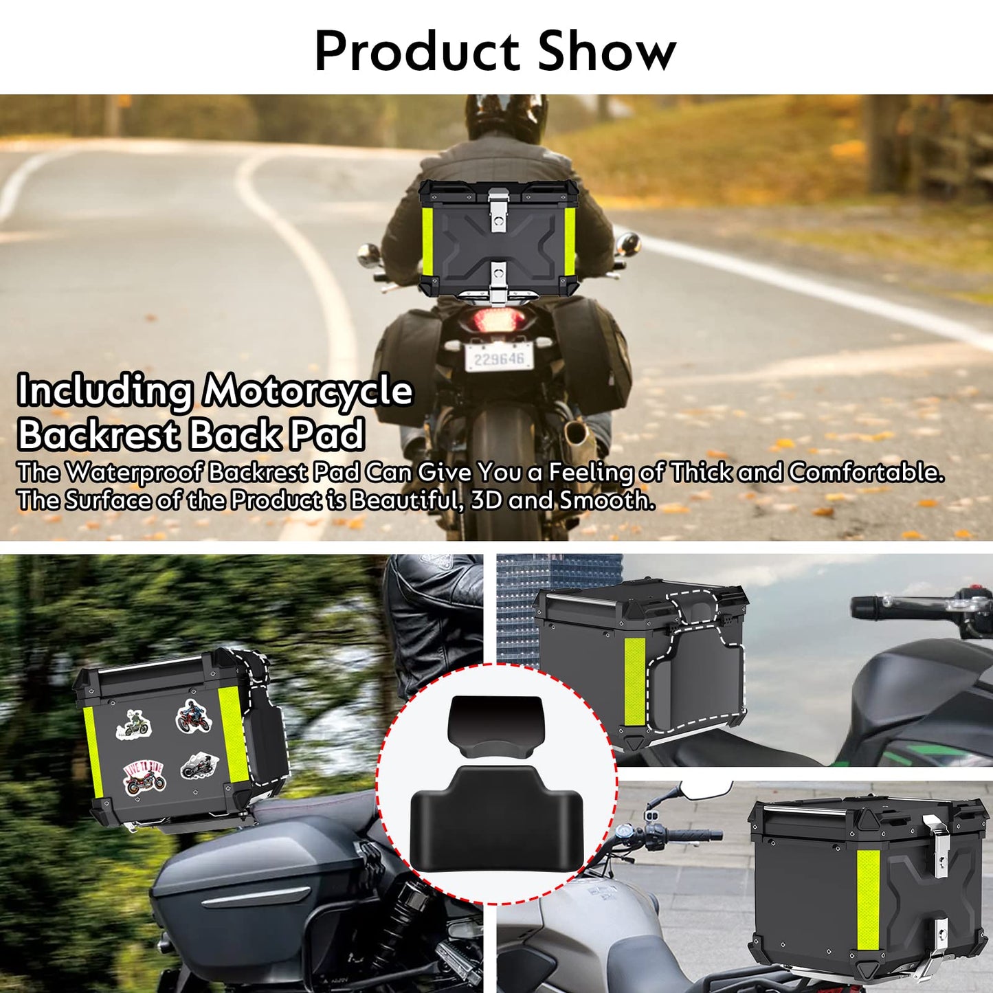 Motorcycle top case, 55L top case for scooter Waterproof top case Aluminum motorcycle trunk Travel motorcycle case with security lock for motorcycle helmet Helmet, Waterproof motorcycle top box (Black)