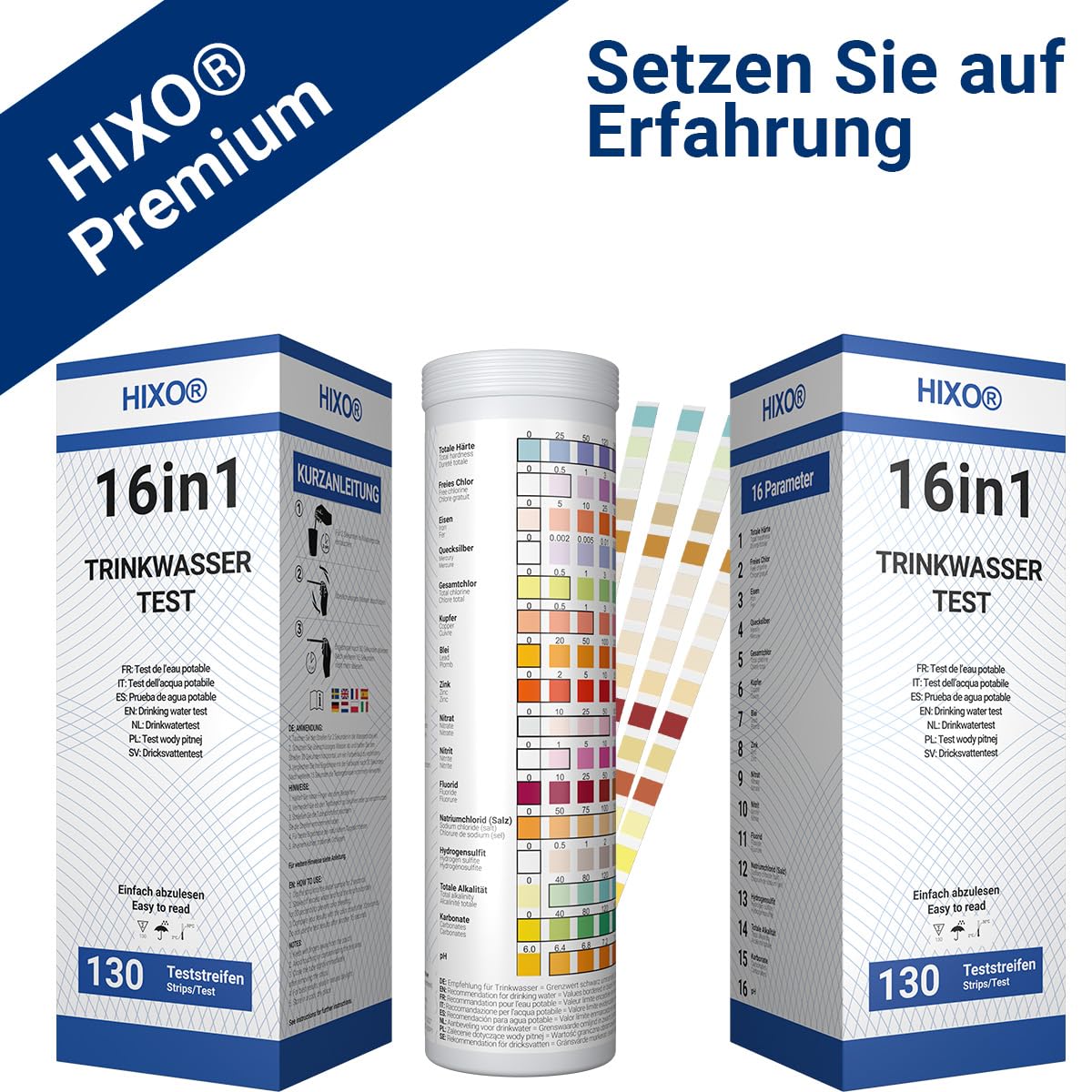 130x 16in1 drinking water test strips in tube | Water analysis for 16 parameters | Ideal water test strips for drinking water, pool, spa & aquarium | Tests water hardness, lead, copper, iron, and more.