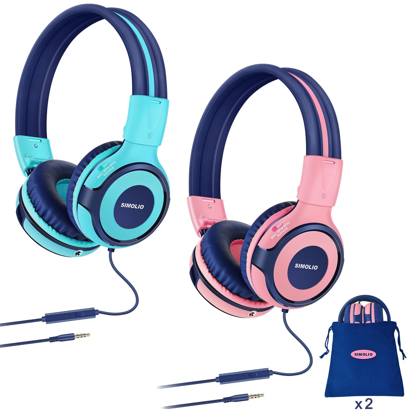 2 sets of headphones for children with portable cases, kid-safe headphones with limited volume, wired headphones for girls, boys, on-ear kids' headphones for school, travel mint + pink