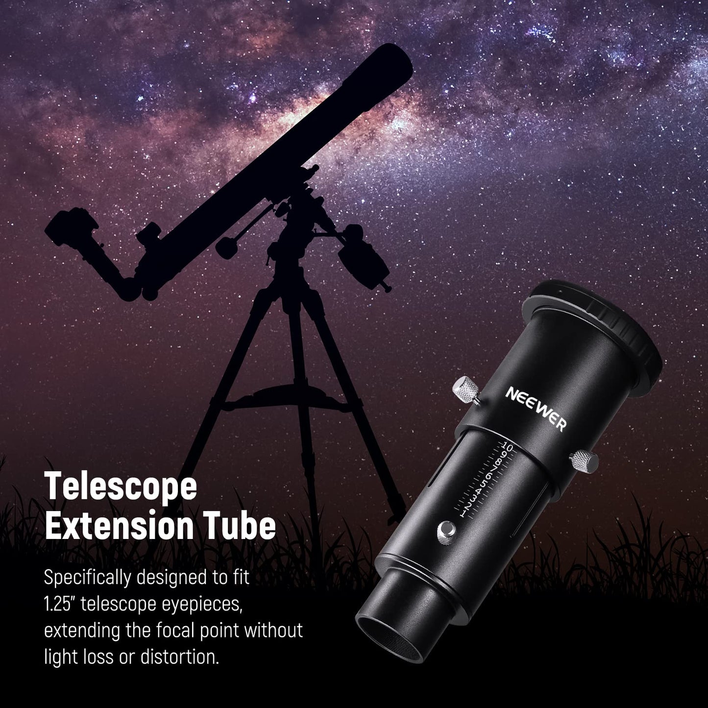 NEEWER Variable 1.25" Telescope Camera Adapter and 1.25" Extension Tube Set, compatible with Nikon DSLR cameras and telescope eyepiece for prime focus and eyepiece projection astrophotography.