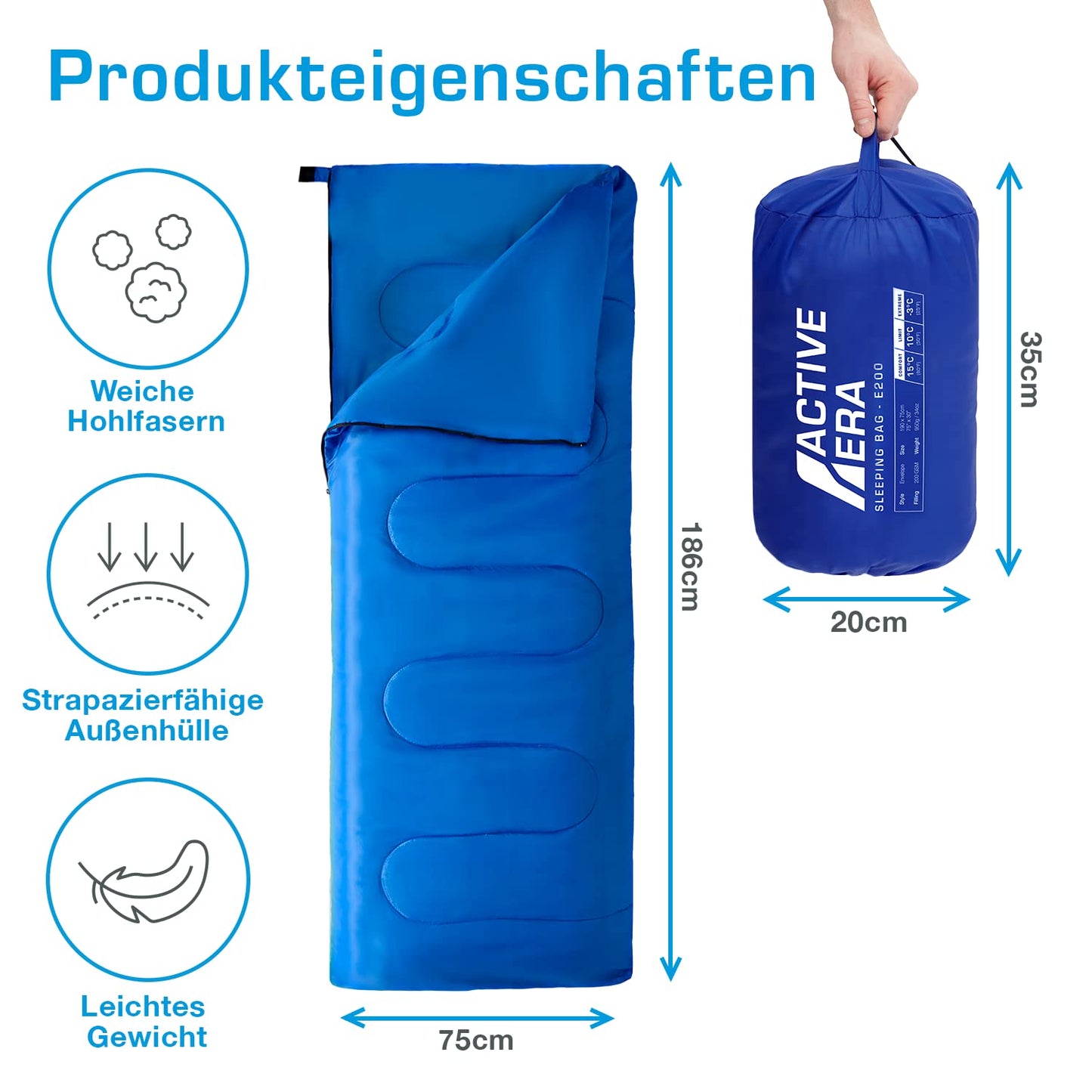 Active Era Sleeping Bag -3°C to 15°C for Summer, Spring, Autumn - Lightweight Outdoor and Indoor Sleeping Bag - Blue