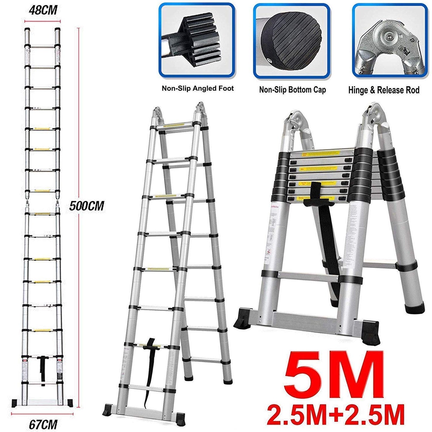 Aluminum telescopic ladder, 5m telescopic ladder, 16 steps, max load 150kg.