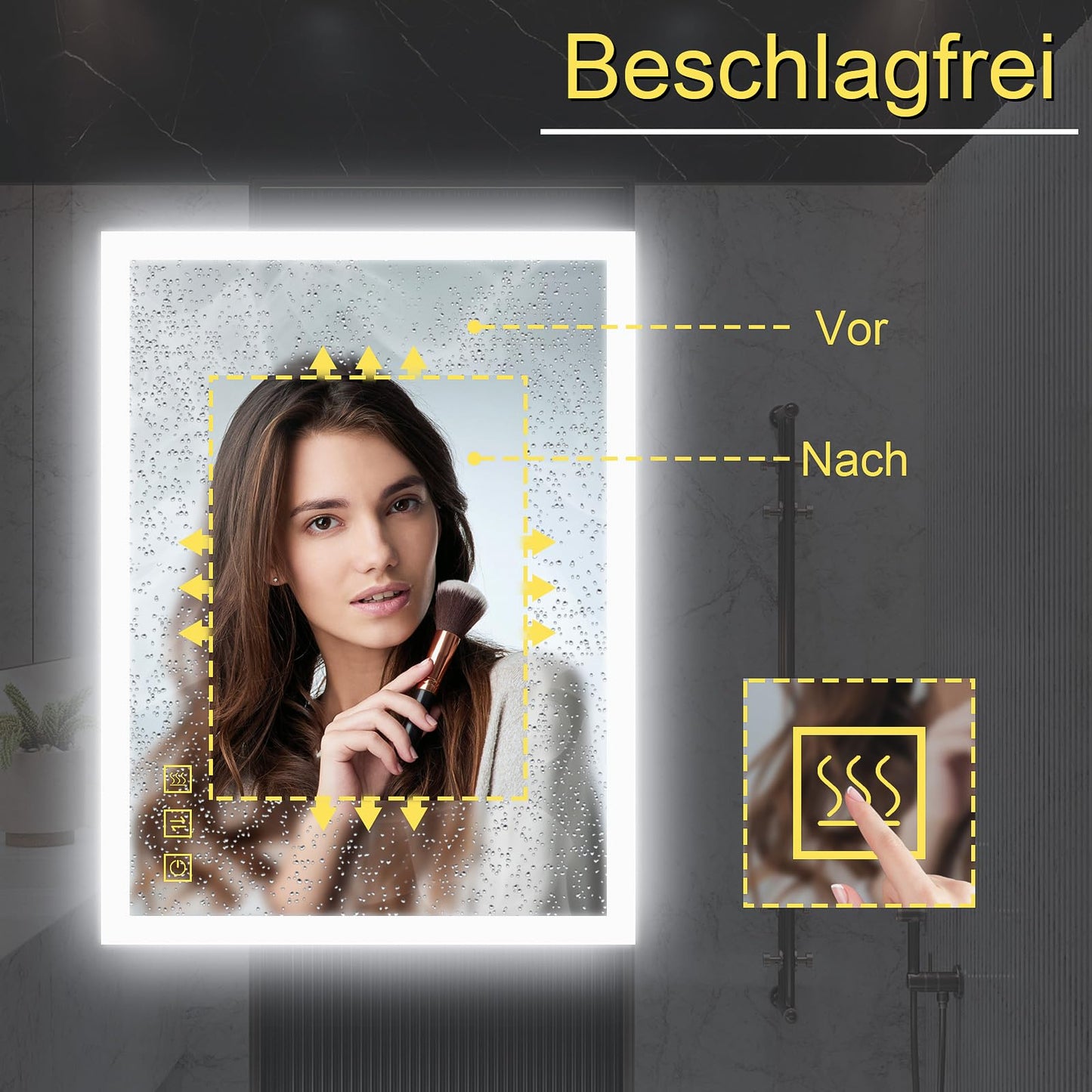 AI-LIGHTING Bathroom Mirror with Lighting 80x60 cm LED Lighted Bathroom Mirror with Socket, Fog-Free, 3 Light Colors Illuminated Mirror with Touch Switch Energy Efficient, Lunar Rectangle