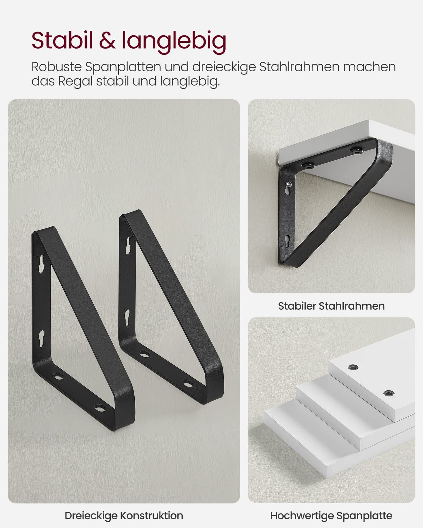VASAGLE Wall Shelf, Floating Shelf, Set of 3, Shelf Board, 2 Mounting Options, 30/35/40 cm, for Living Room, Kitchen, Home Office, Bathroom, White-Matte Black LWS033B14