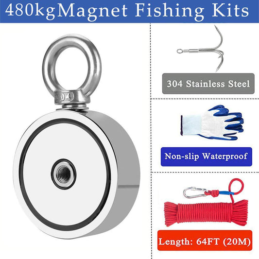 480kg double-sided neodymium eyebolt magnet, N52 super strong magnet for magnet fishing - Ø75mm search magnet with 20m rope, gloves and search anchor, with 2 eyebolts neodymium pot magnet