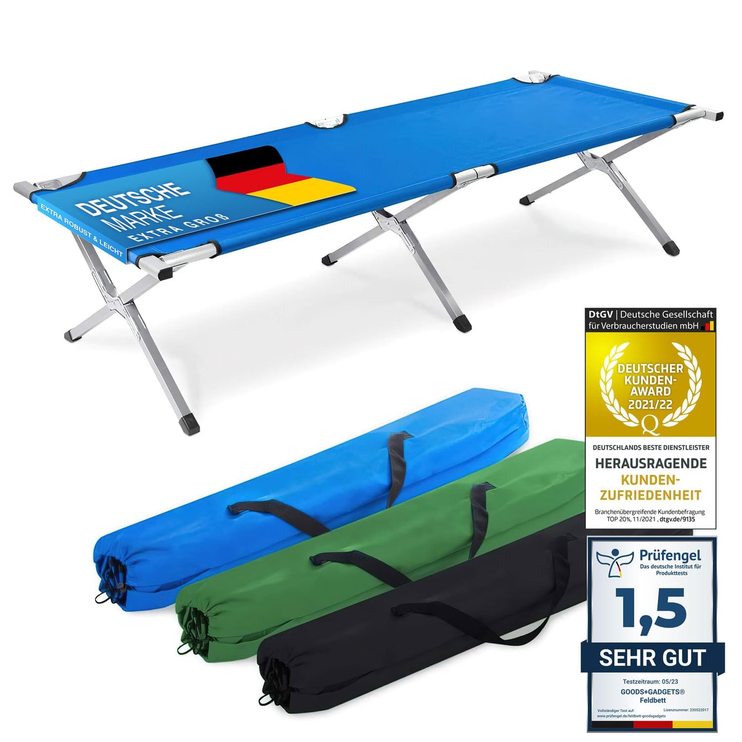 Foldable aluminum army field bed - folding camping bed & guest bed (Blue)
