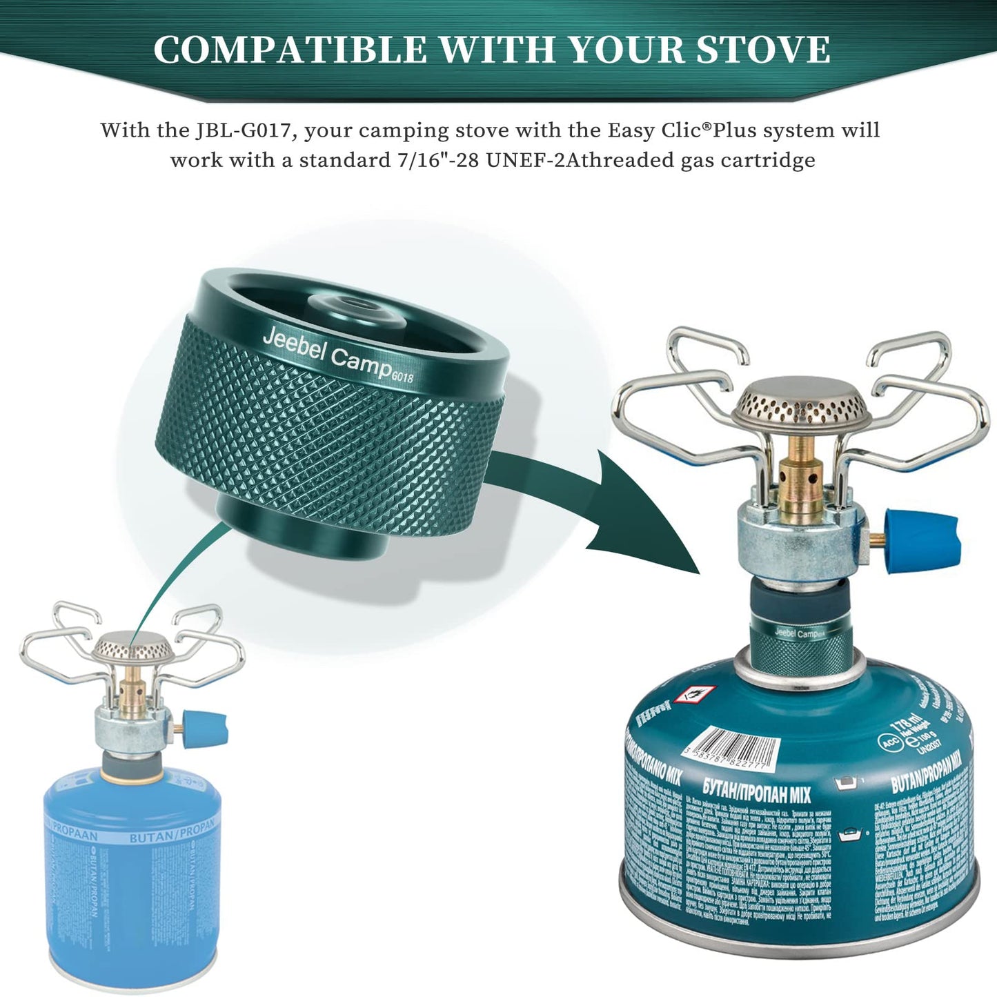 Jeebel Camp gas cooker adapter for Easy Clic® Plus system. Converts CV bayonet connection to Type MSF-1a connection or Lindal valve connection (Lindal valve connection).