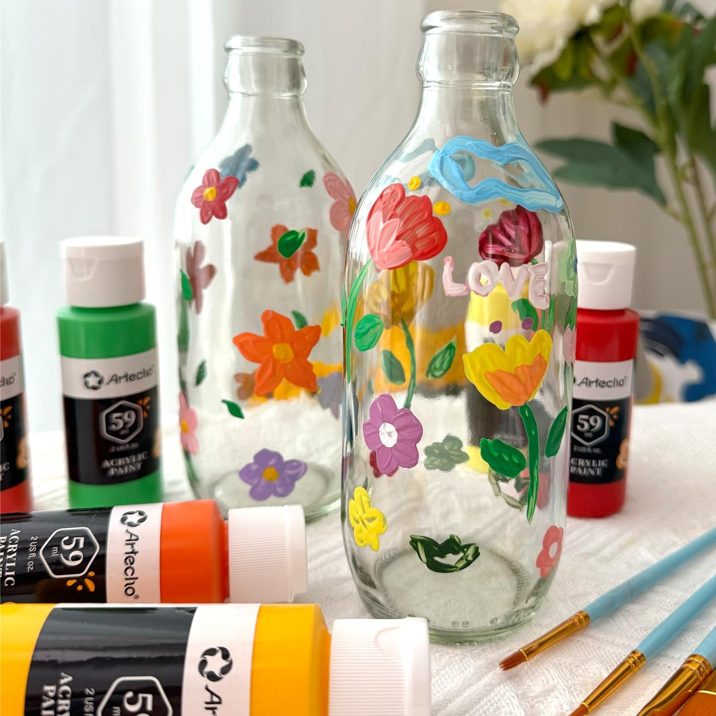 Artecho Acrylic Paint Set 18 x 59ml with 10 brushes, Waterproof and Lightfast Acrylic Paints, Non-toxic, Ideal for Canvas, Paper, and Fabrics, Suitable for Beginners and Professionals