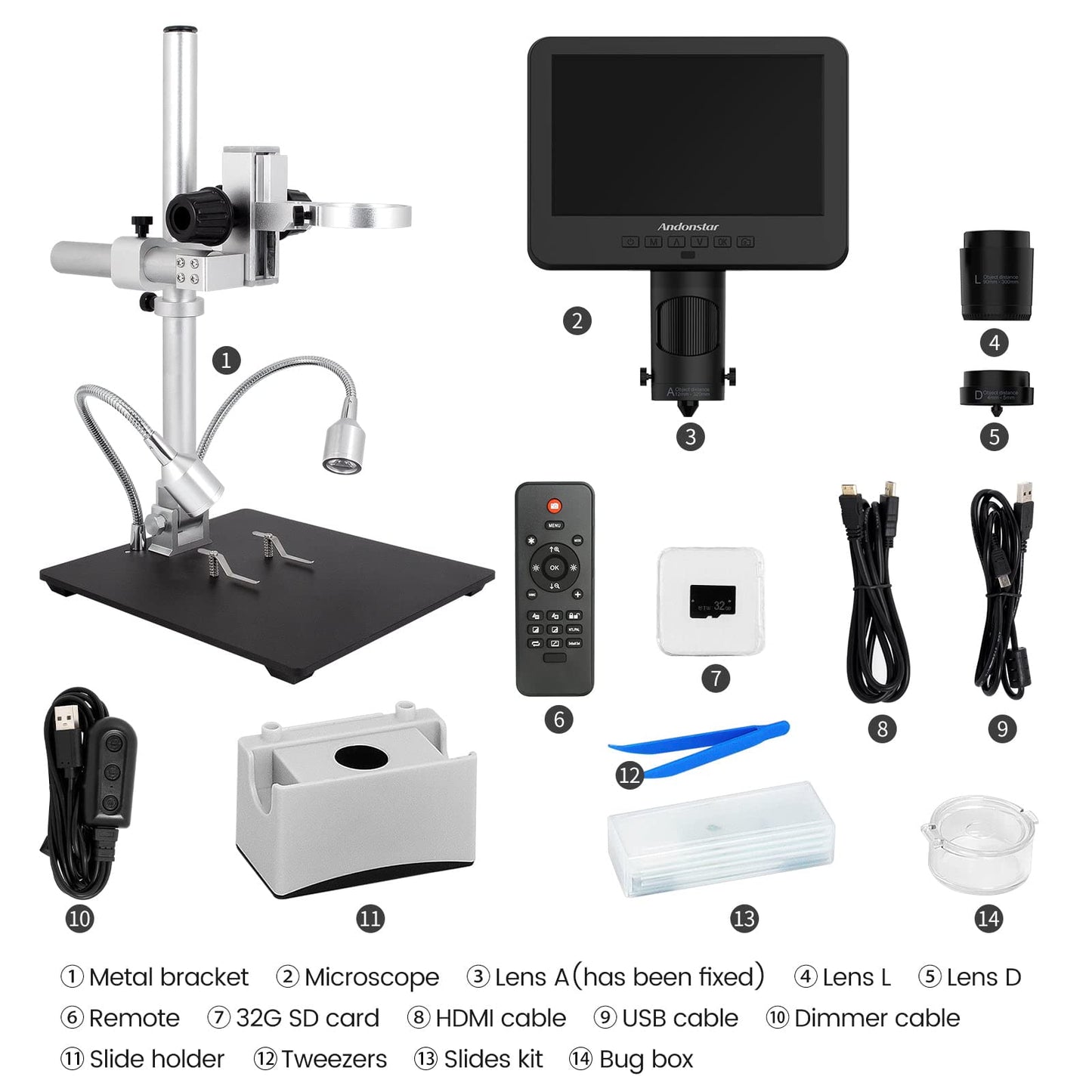 Andonstar AD246S-M HDMI digital microscope with 7-inch screen 2000x, 3 lenses 2160P UHD video recording, digital microscope, soldering microscope, biological microscope kit with 32G card.