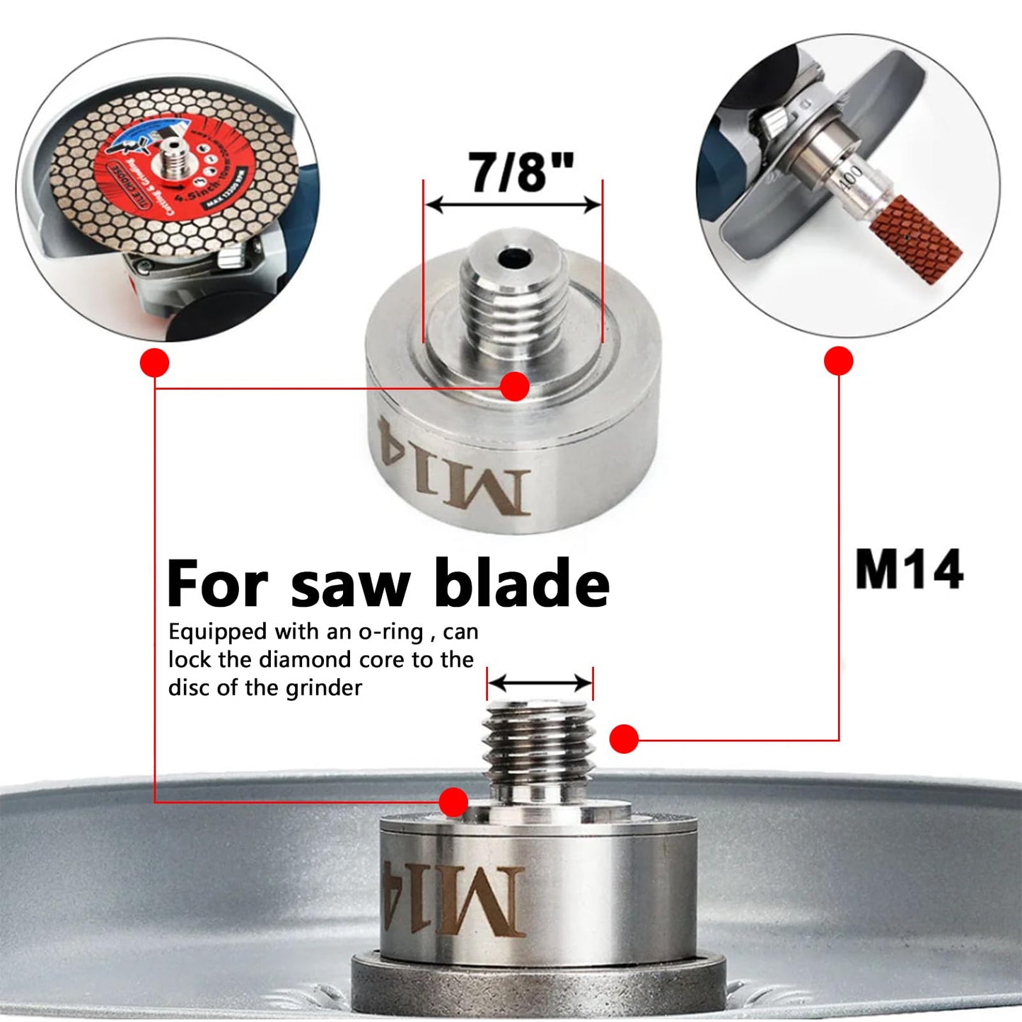 Angle grinder accessory, M14 X-LOCK adapter with M14 locking nut for attaching to M14 thread. Suitable for angle grinder cutting blade diamond bit stainless steel adapter + M14 flange locking nut.