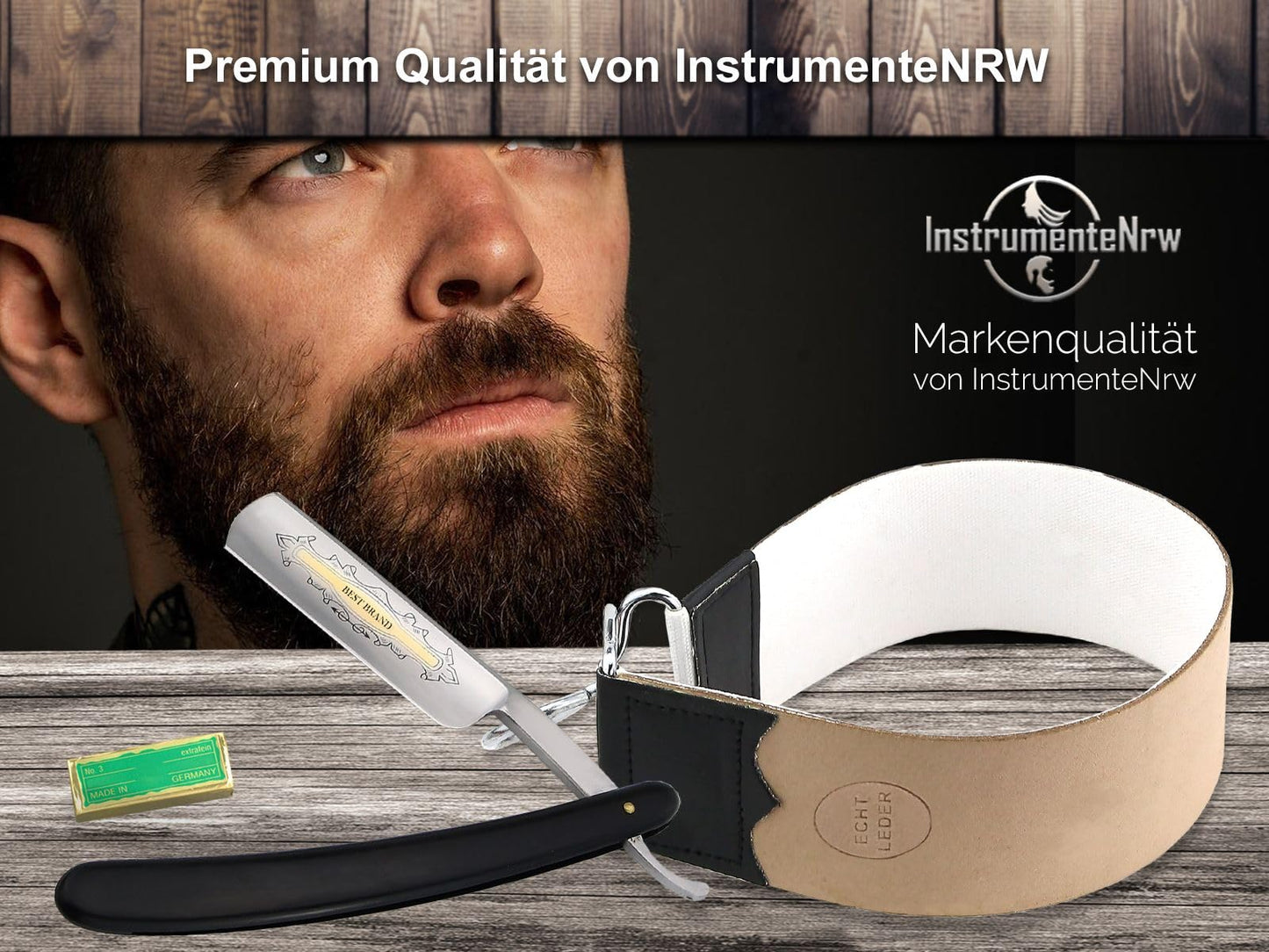 InstrumentsNRW Solingen straight razor set with wooden handle and gold etching - Traditional for men - Brown, Gold - Made in Germany