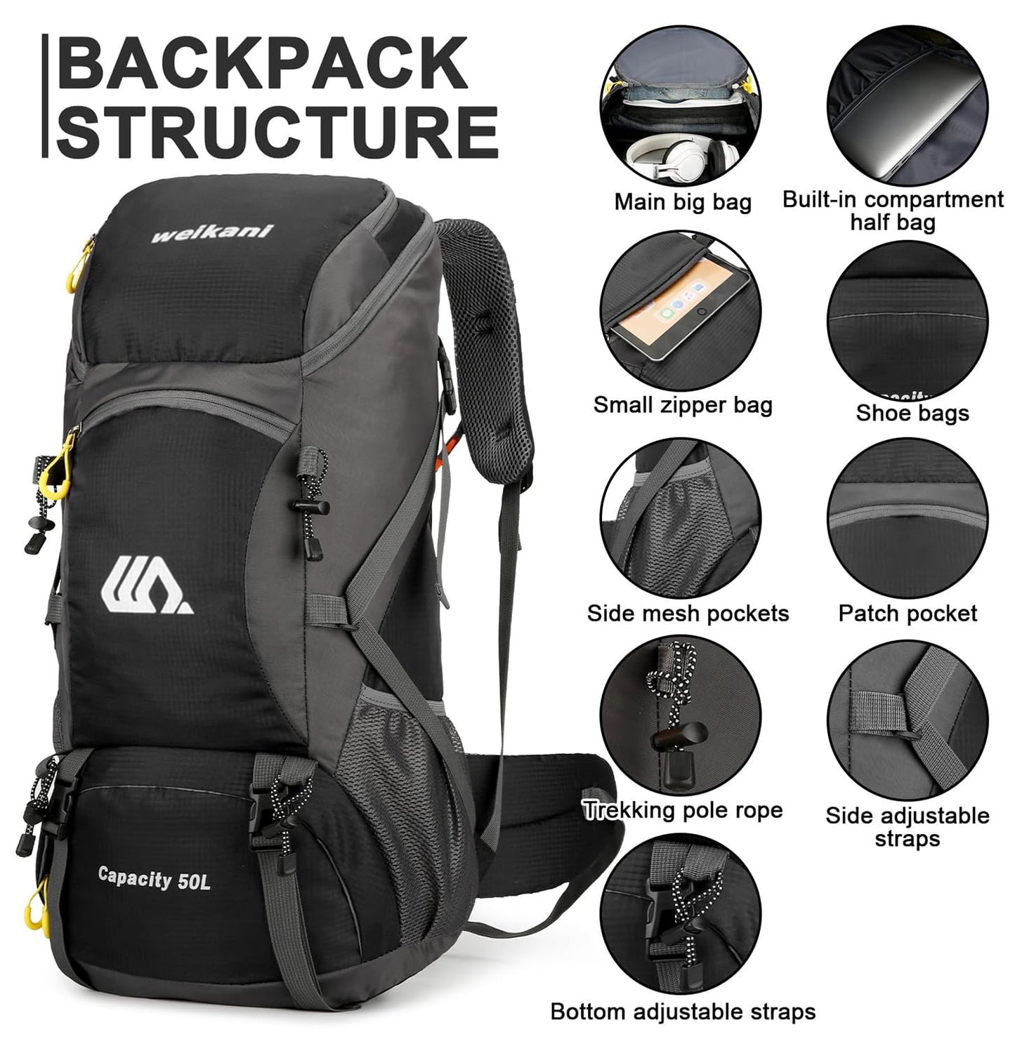 jianyana hiking backpack 50L trekking backpack rain cover travel backpack waterproof camping backpack for hiking camping mountaineering traveling sports men women