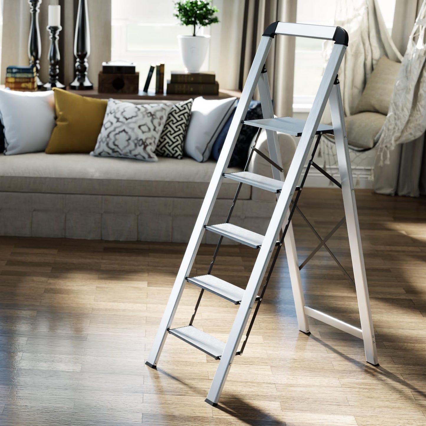 KINGRACK Folding Step Ladder, 5 Steps, with Handrail, Non-Slip Household Ladder, Locking Mechanism, Aluminum Step Stool, Max Load 150 kg.