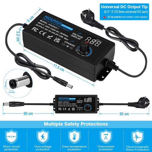 3V-36V Adjustable Power Supply Universal Power Adapter 2A 72W Adjustable Power Adapter 100V-240V AC to DC with LED Voltage Display and 5.5x2.5mm 16Tips for Household Electronics, DC Motor 2A Max