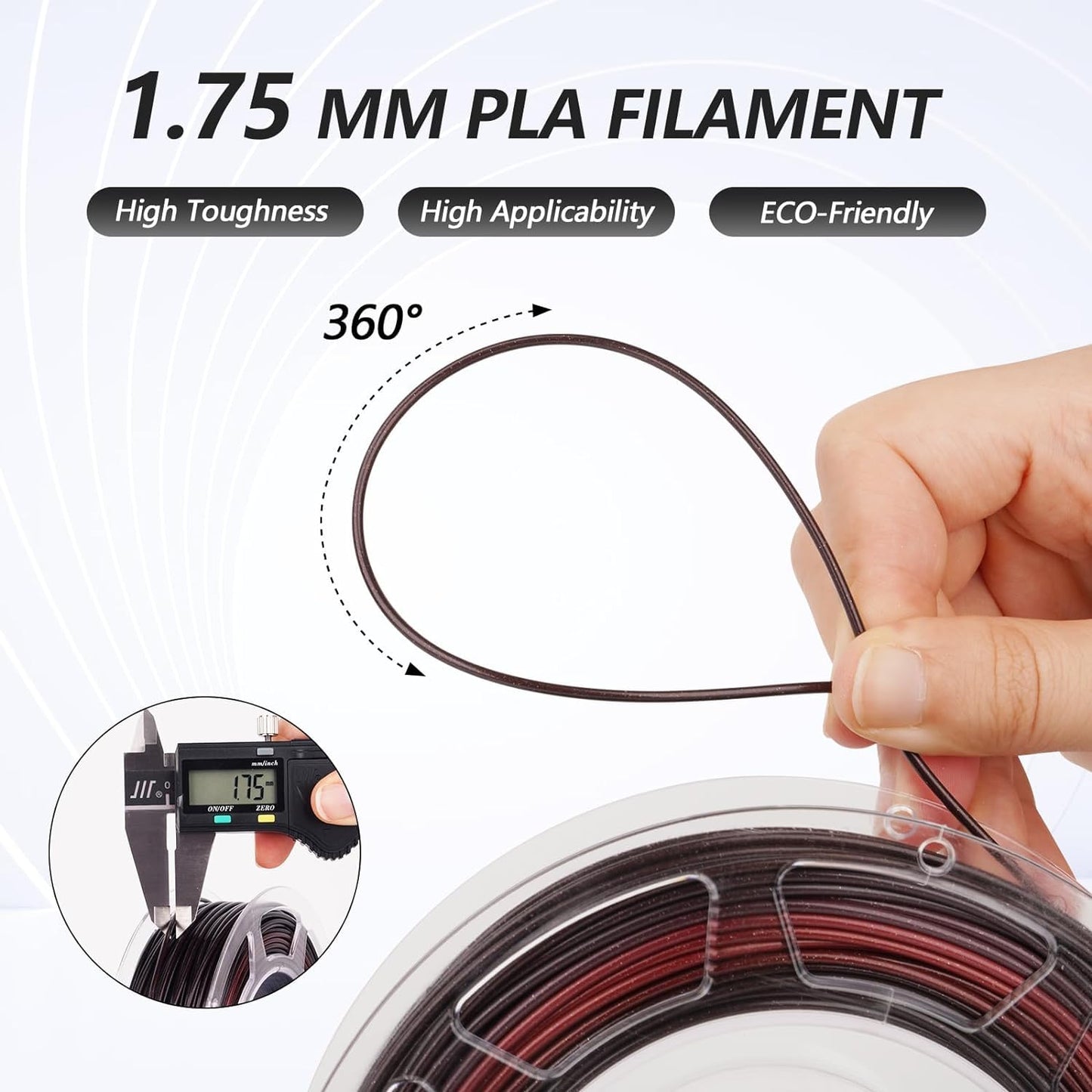 AMOLEN PLA 3D printer filament – 1.75mm silky bundle, black, red, blue, purple, green – 200g x 4 spools