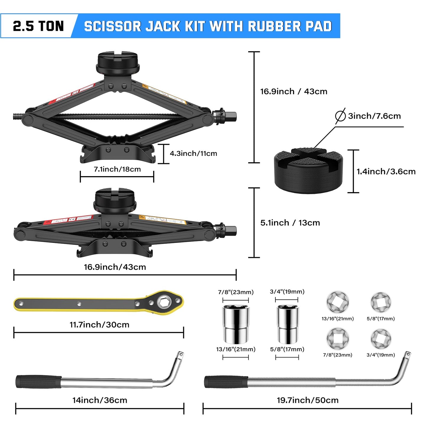 IMAYCC 2.5T Jack, Universal scissor jack for car with rubber pad, Portable jack with lug wrench, Auto emergency kit for SUV MPV, Ideal for maintenance and repair
