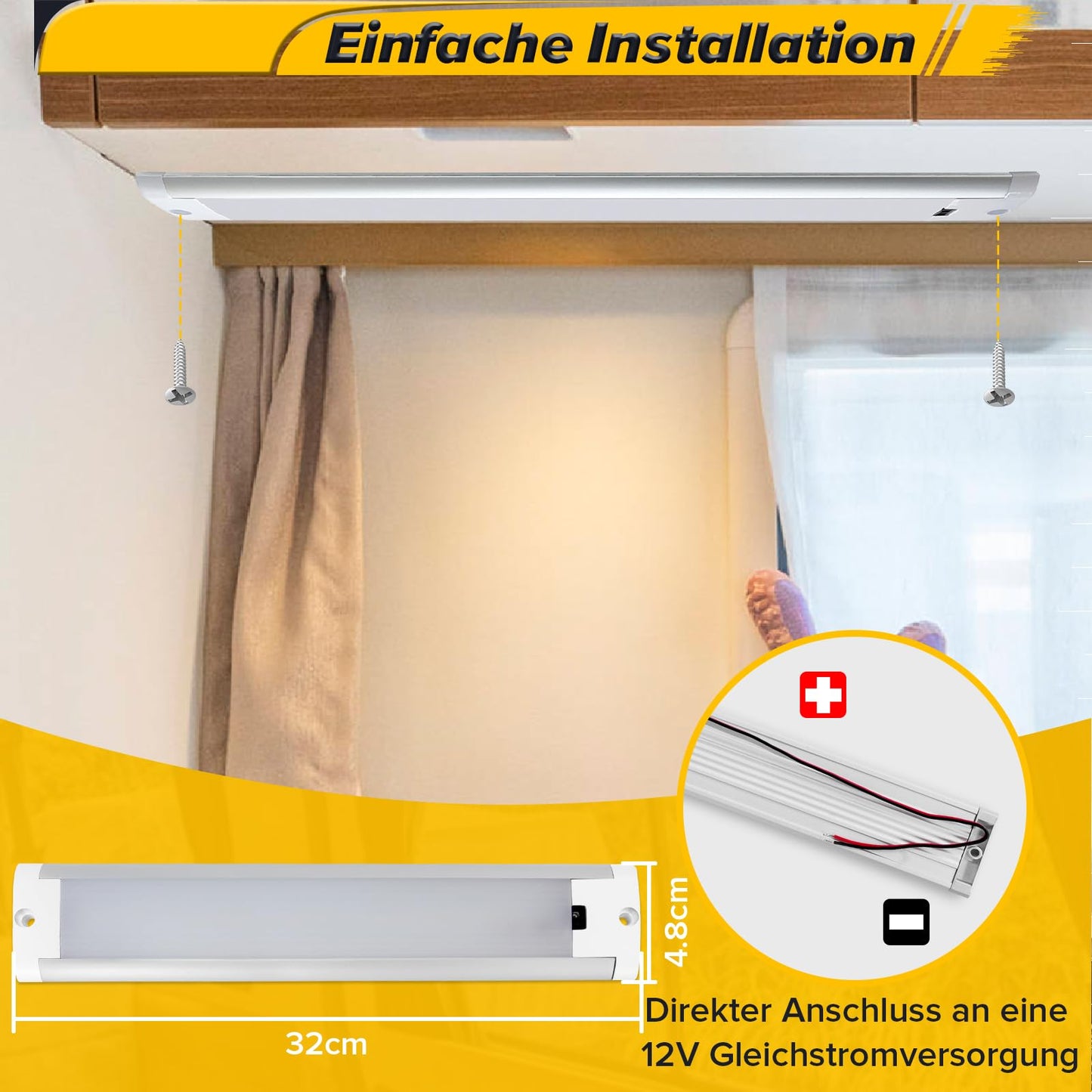 Dream Lighting 12 Volt LED Lamp with motion sensor for RV, dimmable interior lighting, caravan light strip 3000K warm white Camper RV LED fixture.