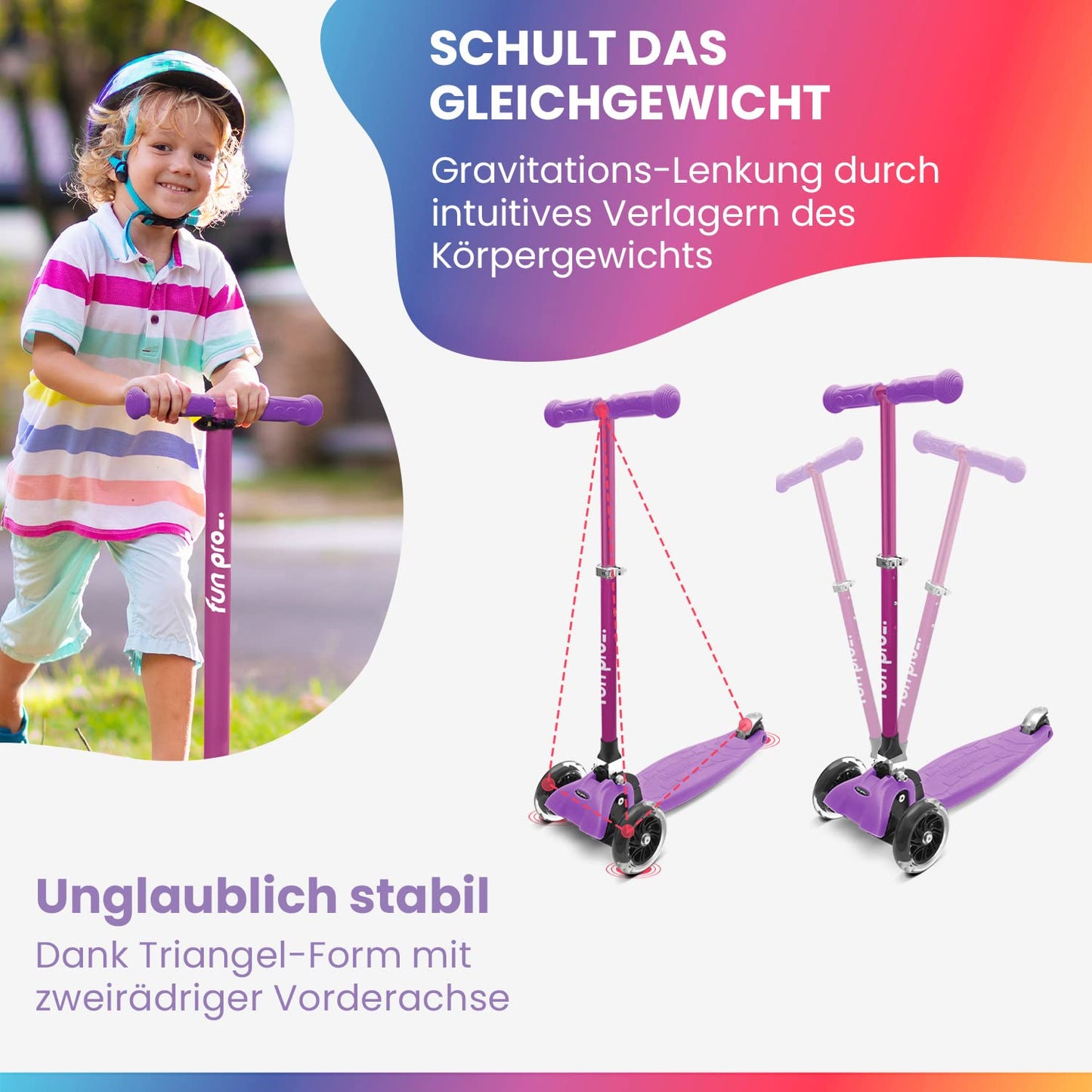 Fun Pro ONE scooter, the safe premium scooter for kids aged 3 and up, with LED wheels, foldable, for toddler boys and girls, suitable for kids aged 3-6 years.